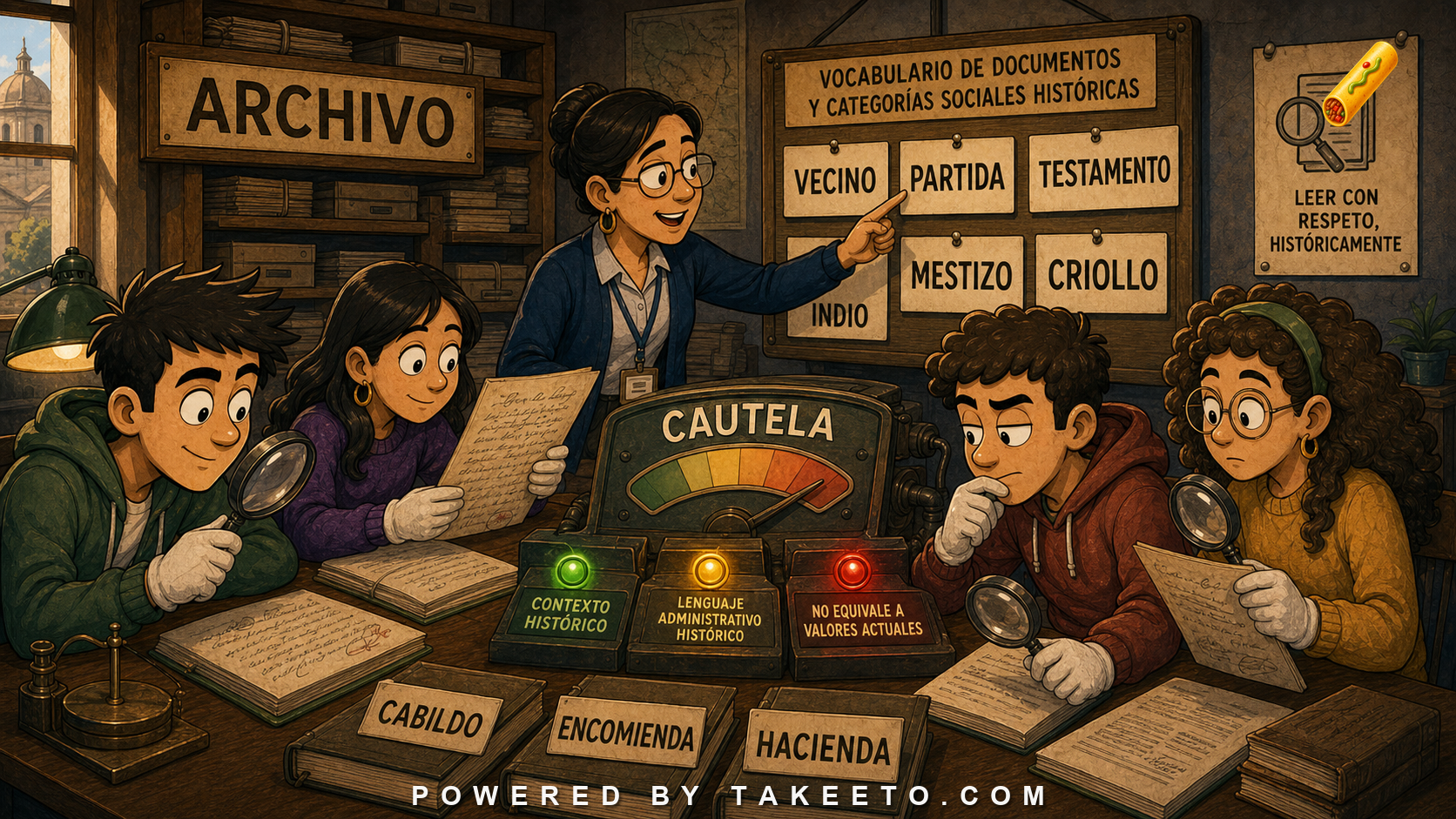 Comic Takeeto archive illustration showing colonial Spanish documents, administrative terms, caste labels, and caution while reading historical records.
