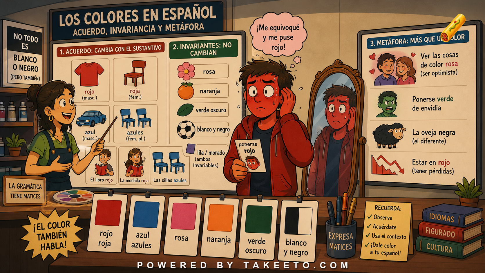 Comic Takeeto blog illustration for Color Terms in Spanish: Agreement, Invariance, and Metaphor, covering grammar & lexicon.