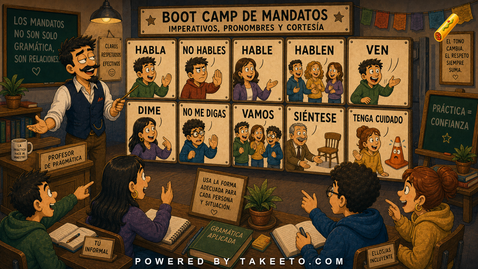 Comic Takeeto blog illustration for Commands: Imperatives, Pronouns, and Politeness, covering verb mood & pragmatics.