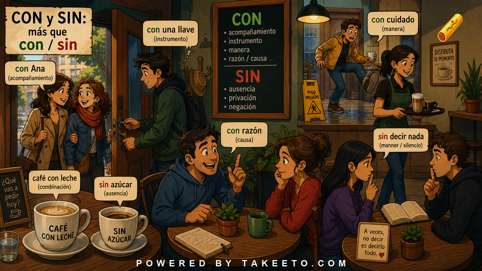 Comic Takeeto blog illustration for Con and Sin: Accompaniment, Instrument, Manner, and Absence, covering prepositions.