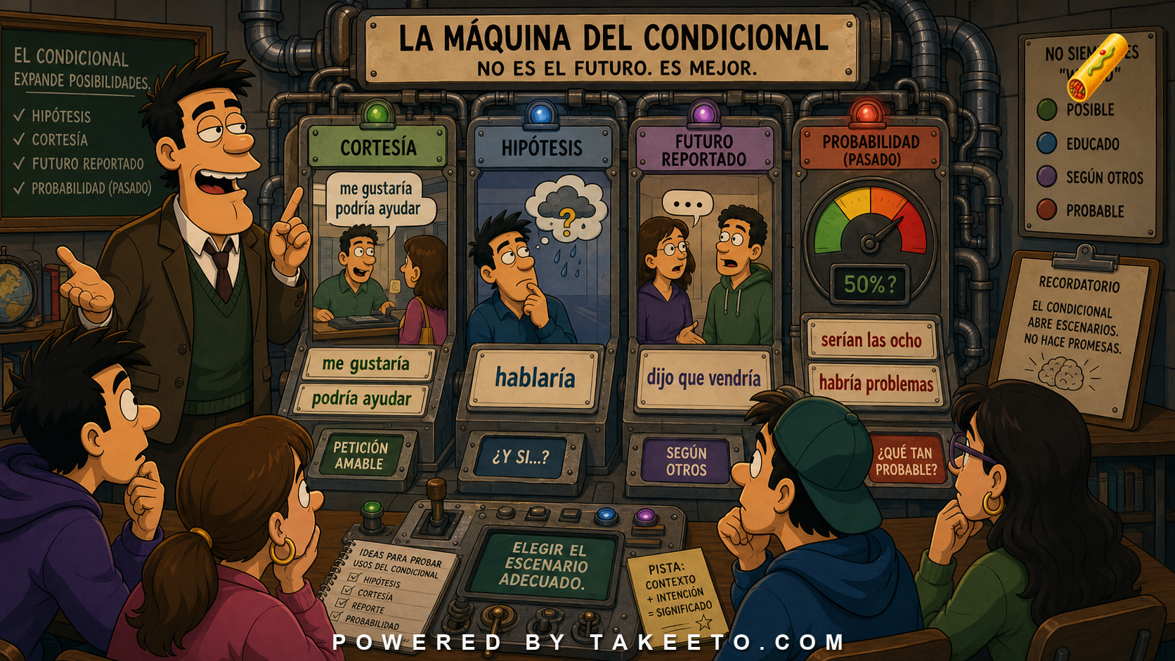 Comic Takeeto blog illustration for The Conditional: Hypothesis, Politeness, Reported Future, and Probability, covering tense & modality.