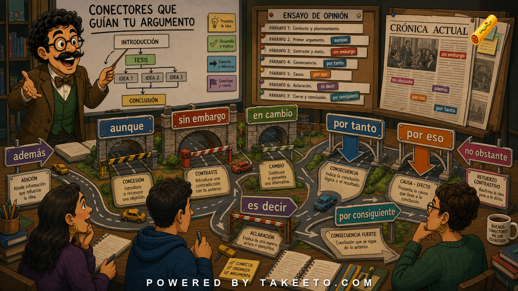 Comic Takeeto blog illustration for Connectors in Written Spanish: Sin Embargo, Por Tanto, Aunque, Es Decir, covering discourse & writing.