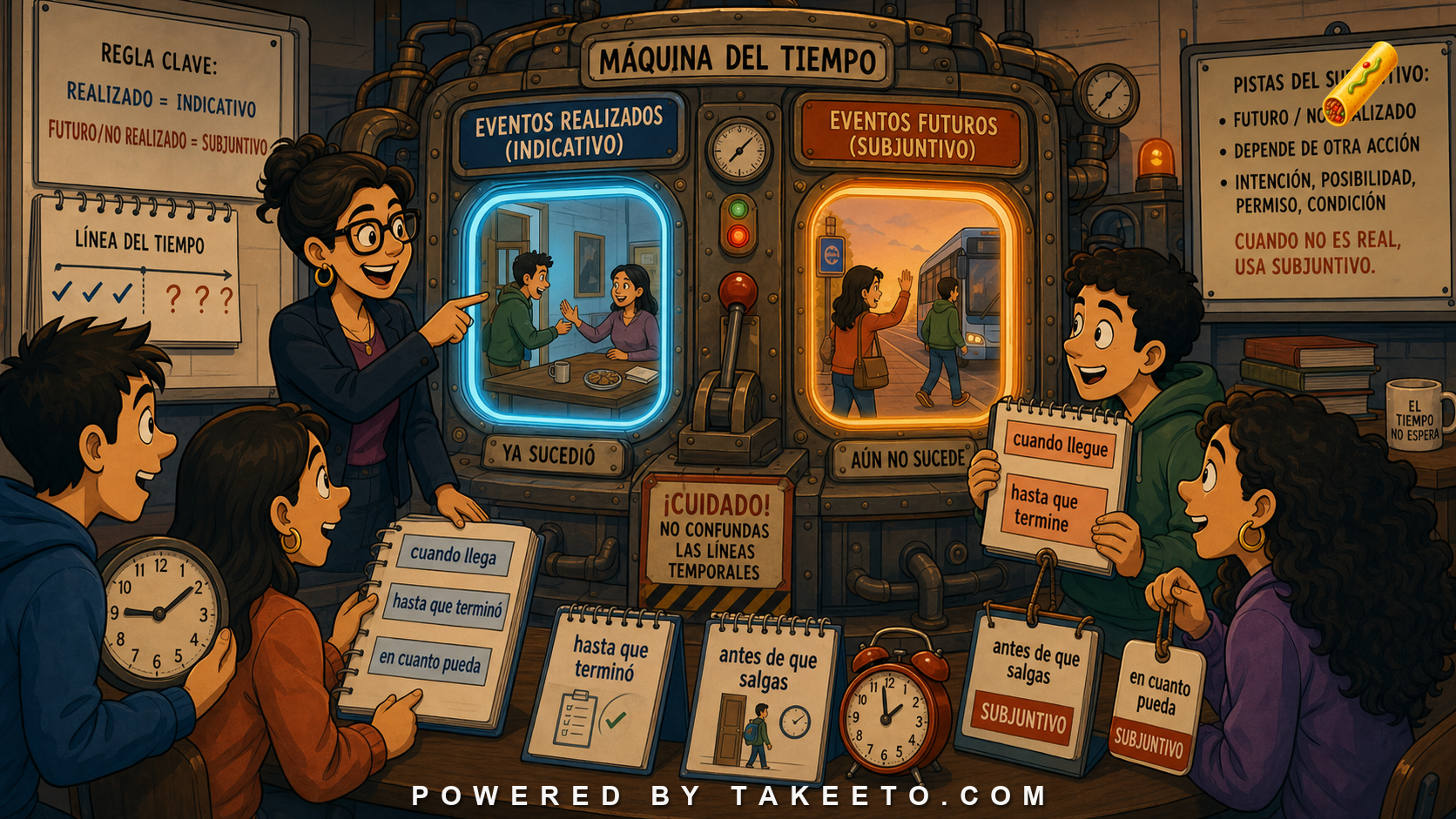 Comic Takeeto blog illustration for Cuando, Hasta Que, En Cuanto: Time Clauses and Future Reference, covering mood & subordination.