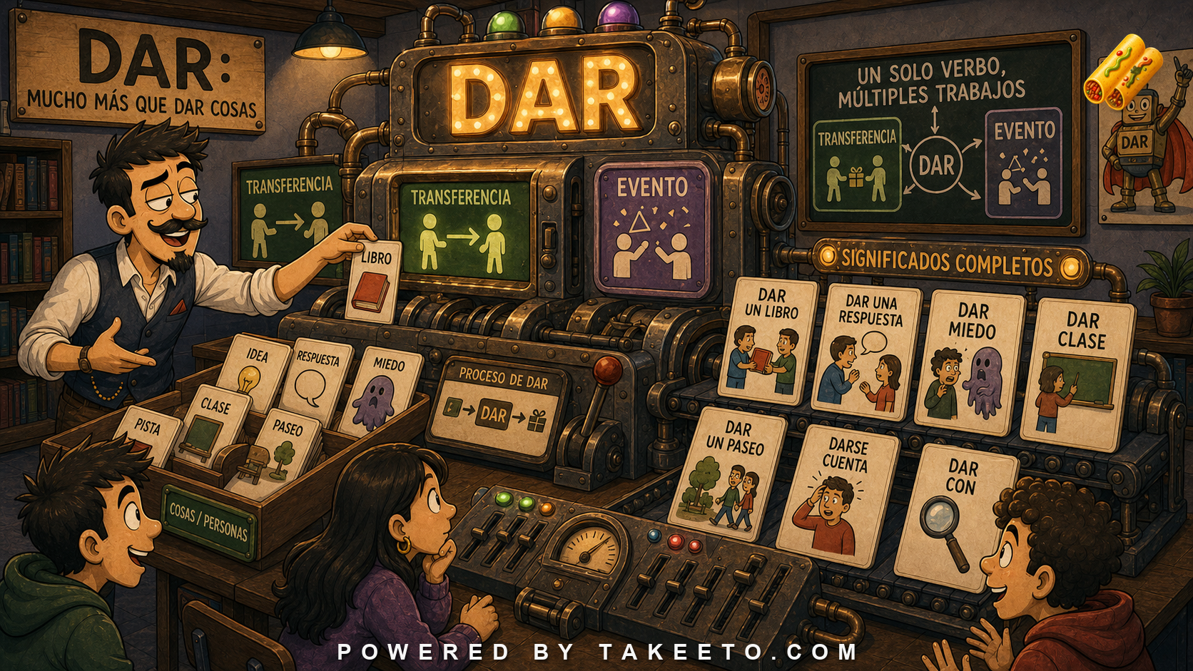 Comic Takeeto dar-machine illustration showing transfer, light-verb uses, event packaging, and examples like dar miedo and dar clase.