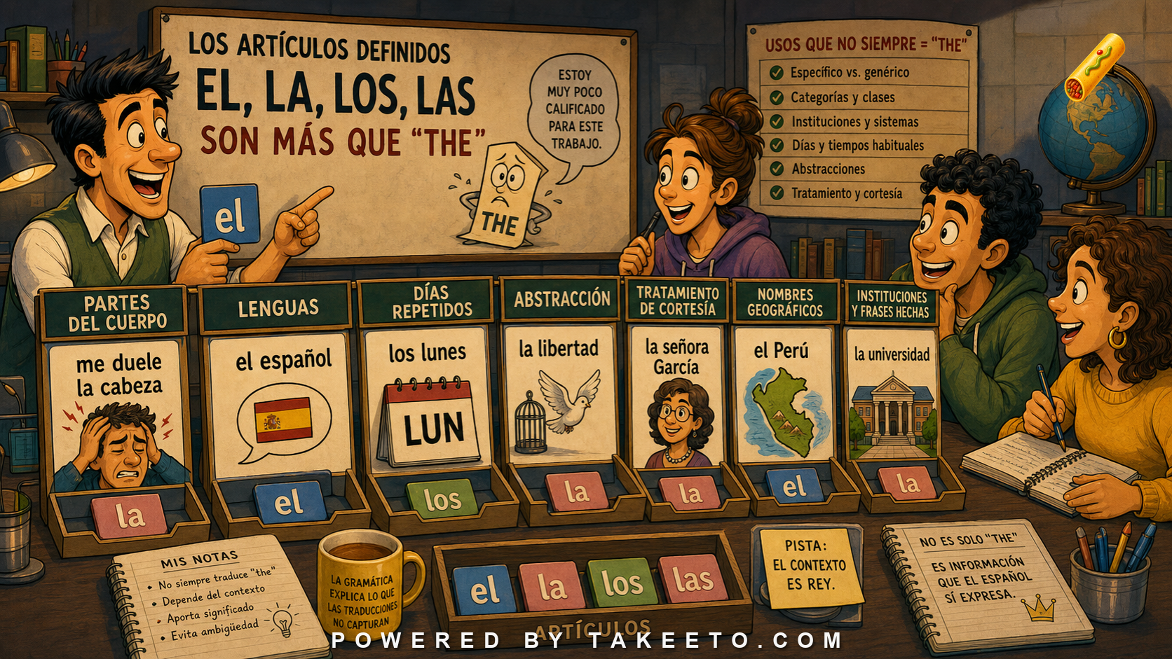 Comic Takeeto blog illustration for Definite Articles: El, La, Los, Las as More Than “The”, covering grammar.