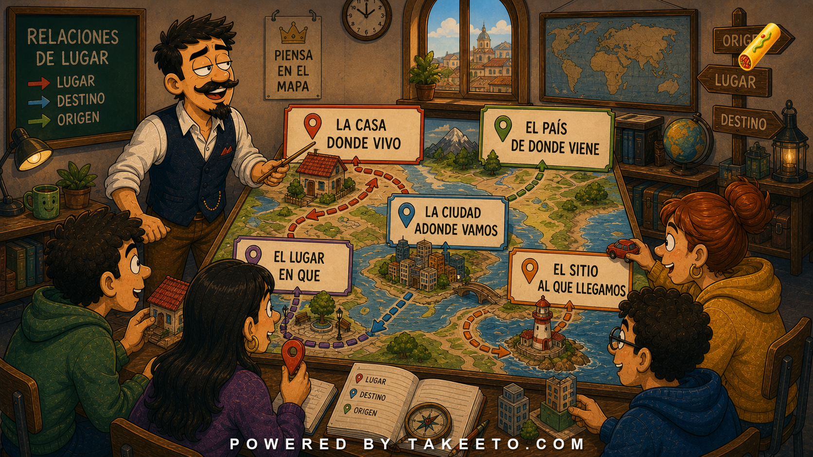 Comic Takeeto blog illustration for Donde, Adonde, De Donde: Place Relations in Relative Clauses, covering syntax.