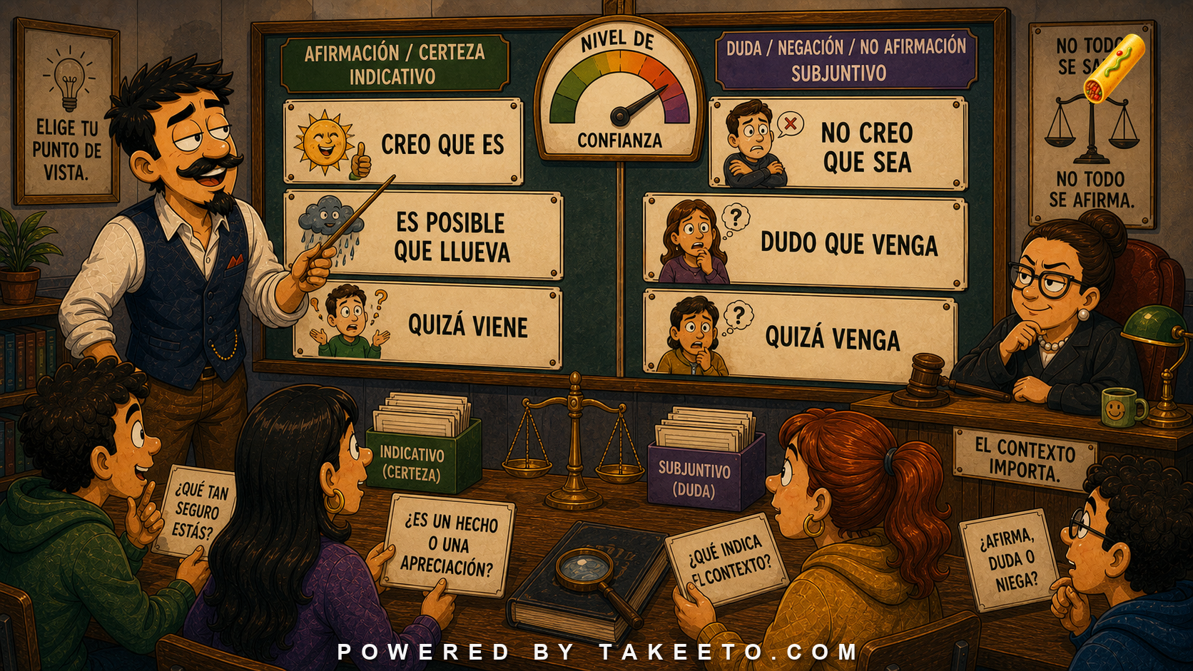 Comic Takeeto blog illustration for Doubt, Denial, and Nonassertion: No creo que sea, covering verb mood.