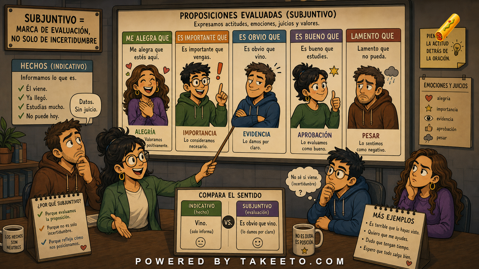 Comic Takeeto blog illustration for Emotion and Evaluation: Me alegra que, es importante que, covering verb mood.