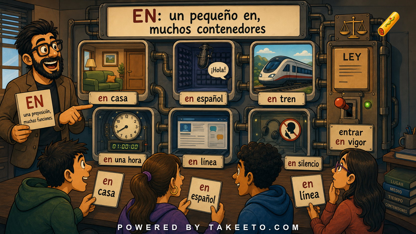 Comic Takeeto blog illustration for En: Location, Medium, Time Frame, and Conceptual Containers, covering prepositions.