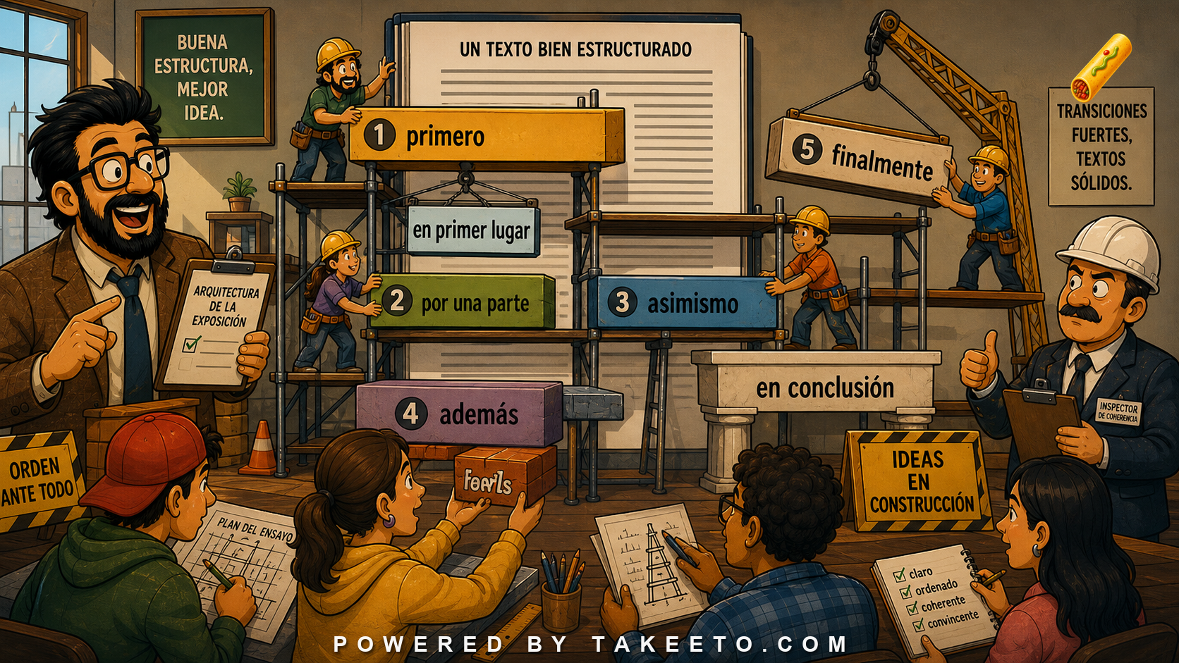 Comic Takeeto blog illustration for Enumeration and Structure: Primero, Por Una Parte, Asimismo, Finalmente, covering writing architecture.