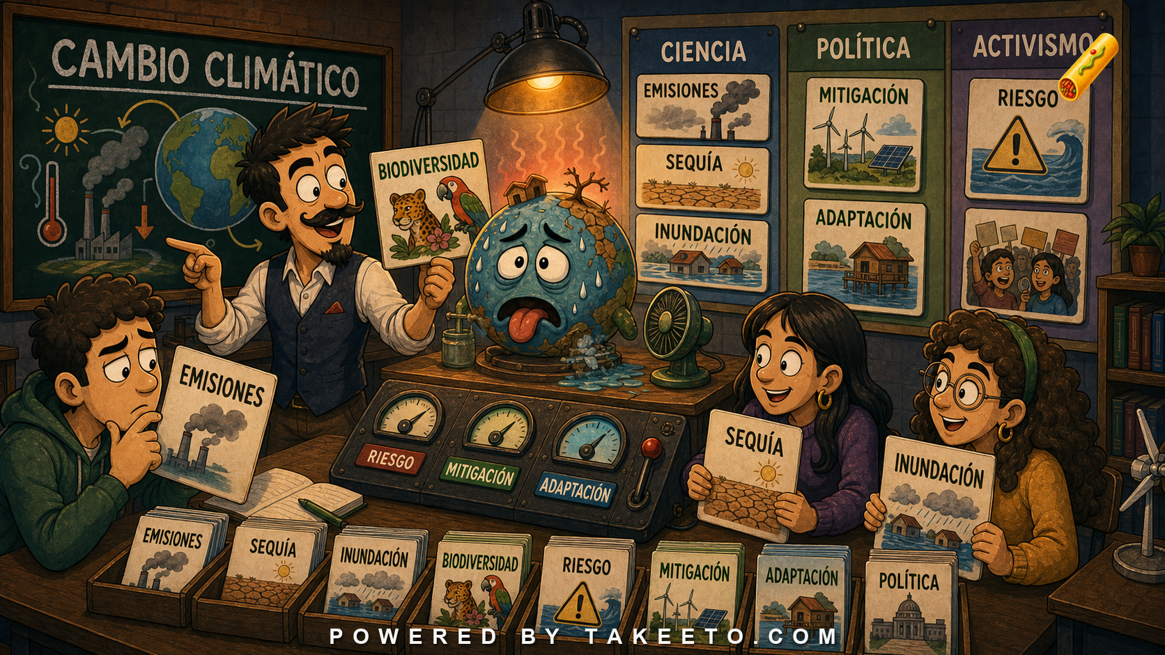 Comic Takeeto climate-language illustration showing cambio climático, emisiones, sequía, inundación, mitigación, adaptación, riesgo, política, and activismo.