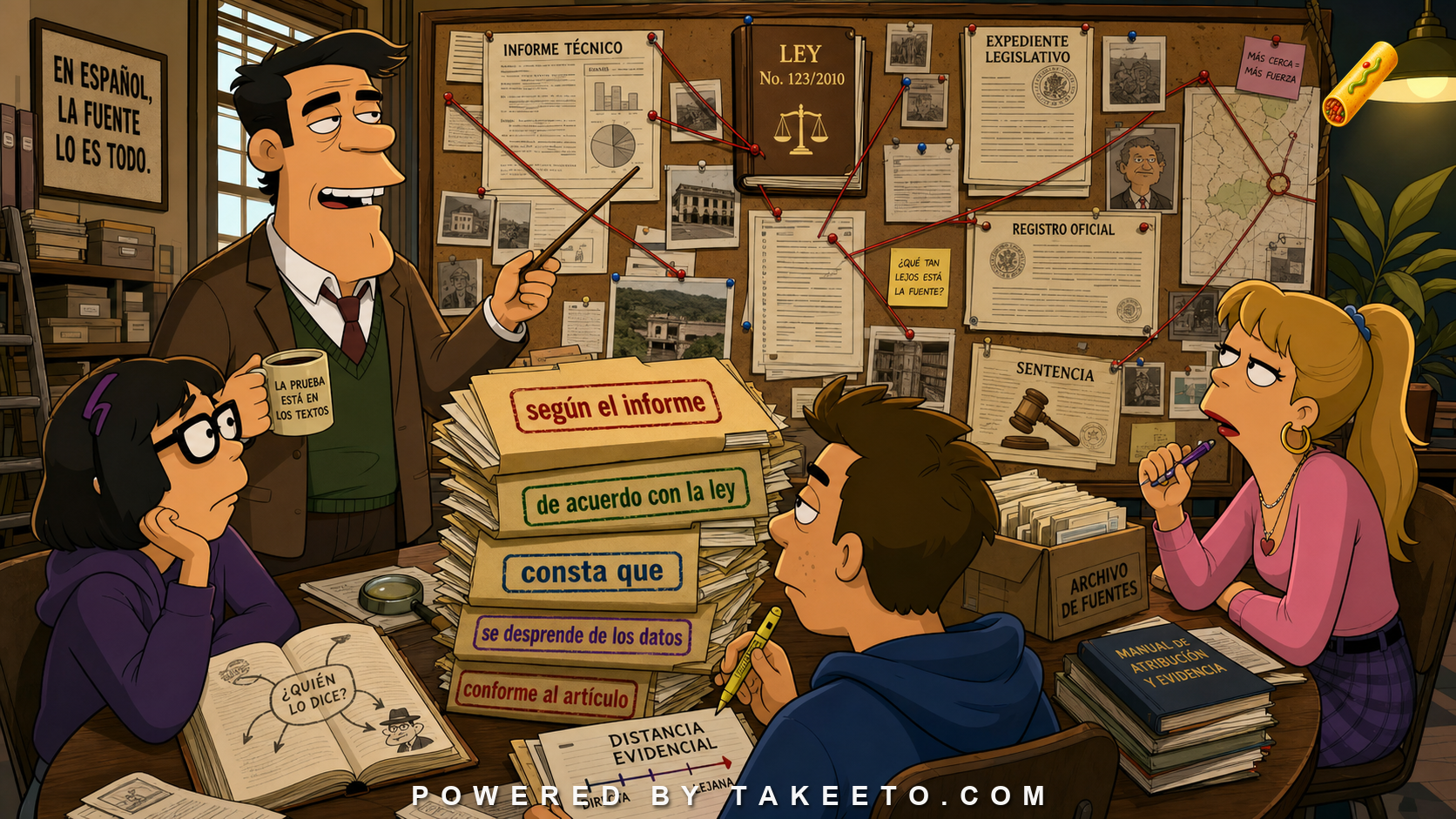 Comic Takeeto blog illustration for Evidence and Source Language: Según, De Acuerdo Con, Consta Que, covering discourse & documentation.