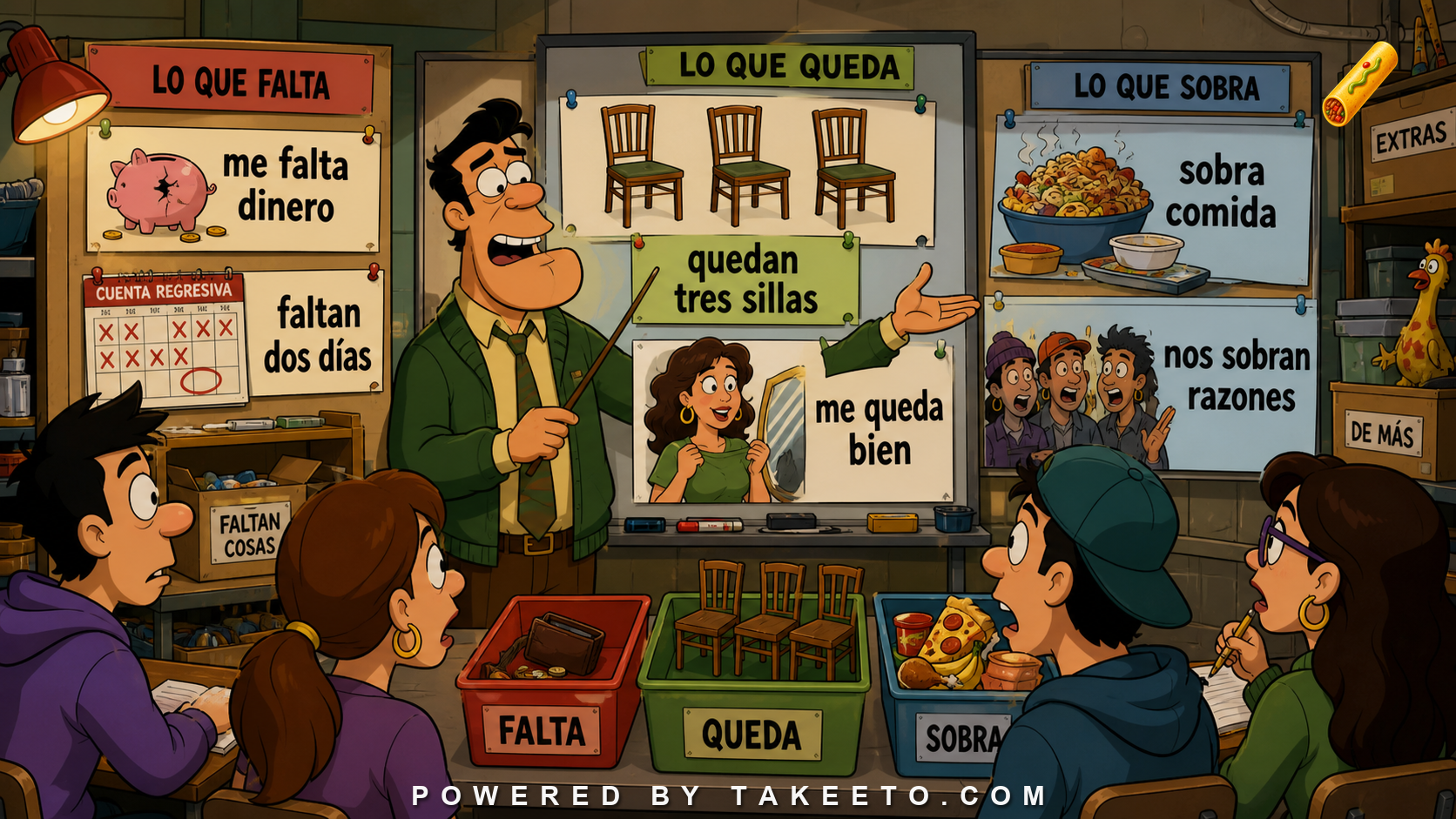 Comic Takeeto blog illustration for Faltar, Quedar, Sobrar: Spanish Verbs of Remaining, Lacking, and Excess, covering verb semantics.