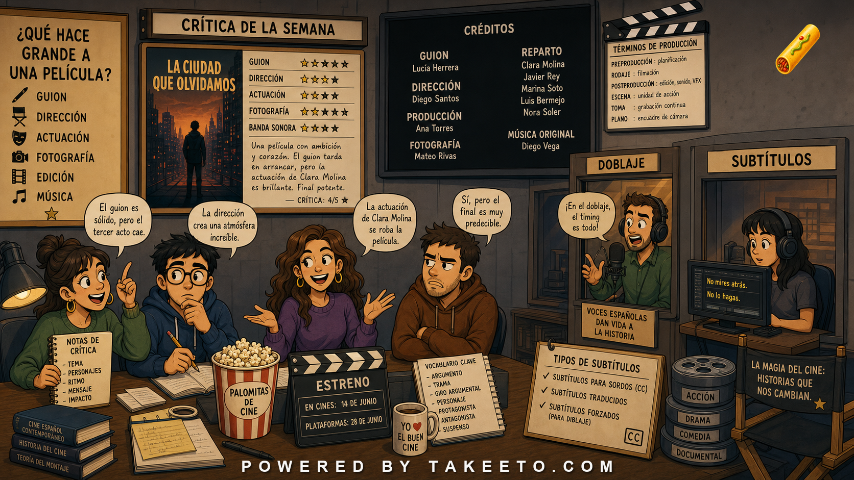 Comic Takeeto blog illustration for Film and Television Spanish: Reviews, Credits, and Production Terms, covering media/domain language.