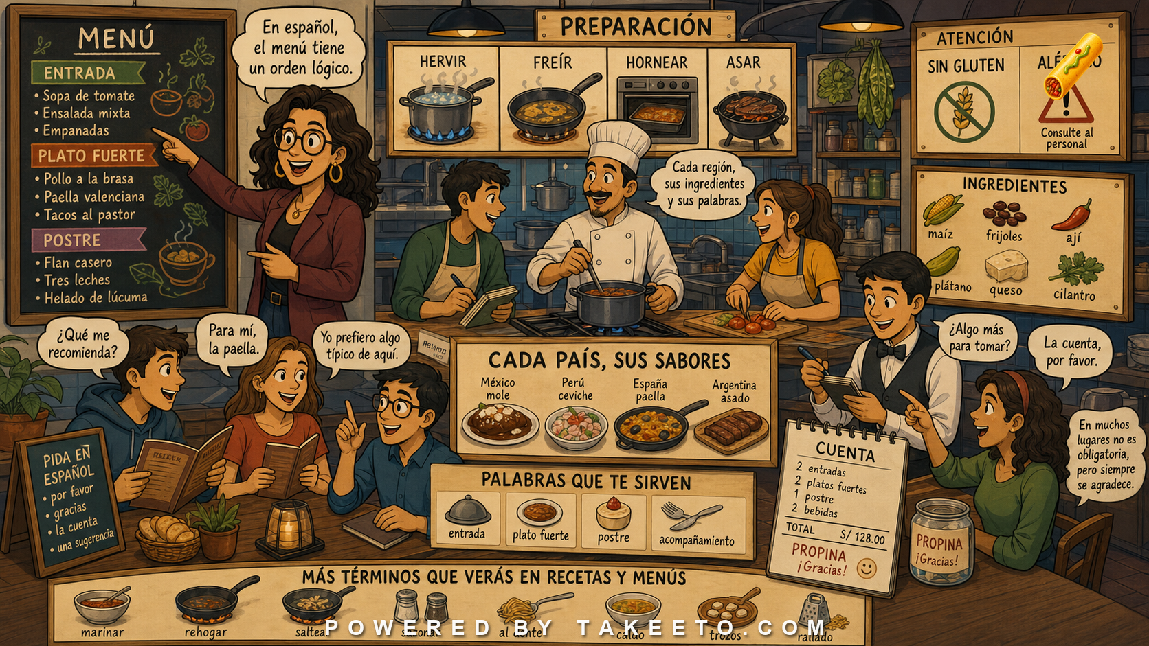 Comic Takeeto blog illustration for Food Spanish: Menus, Ingredients, Preparation, and Regional Terms, covering domain language & culture.