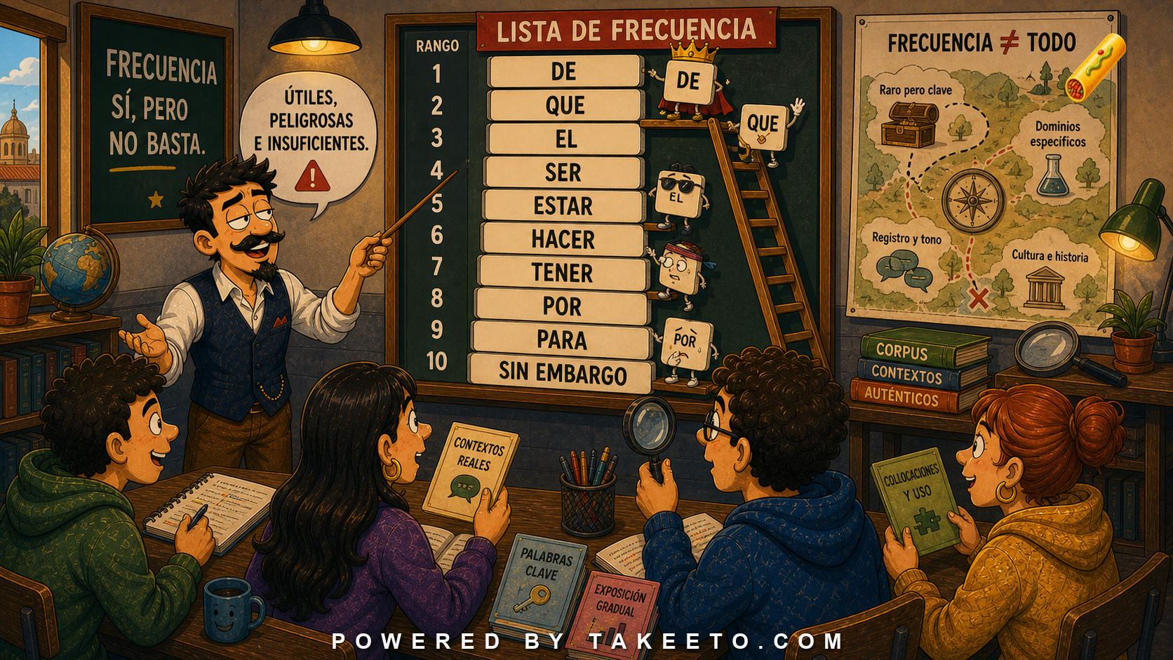 Comic Takeeto blog illustration for Frequency Lists: Useful, Dangerous, and Never Enough, covering vocabulary pedagogy.