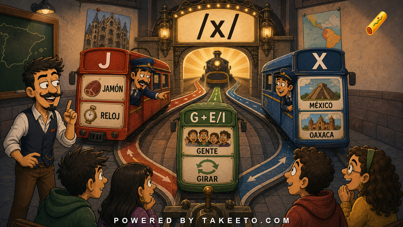 Comic Takeeto transit-map illustration showing J, G before E or I, and X as written paths to the Spanish j-like sound.