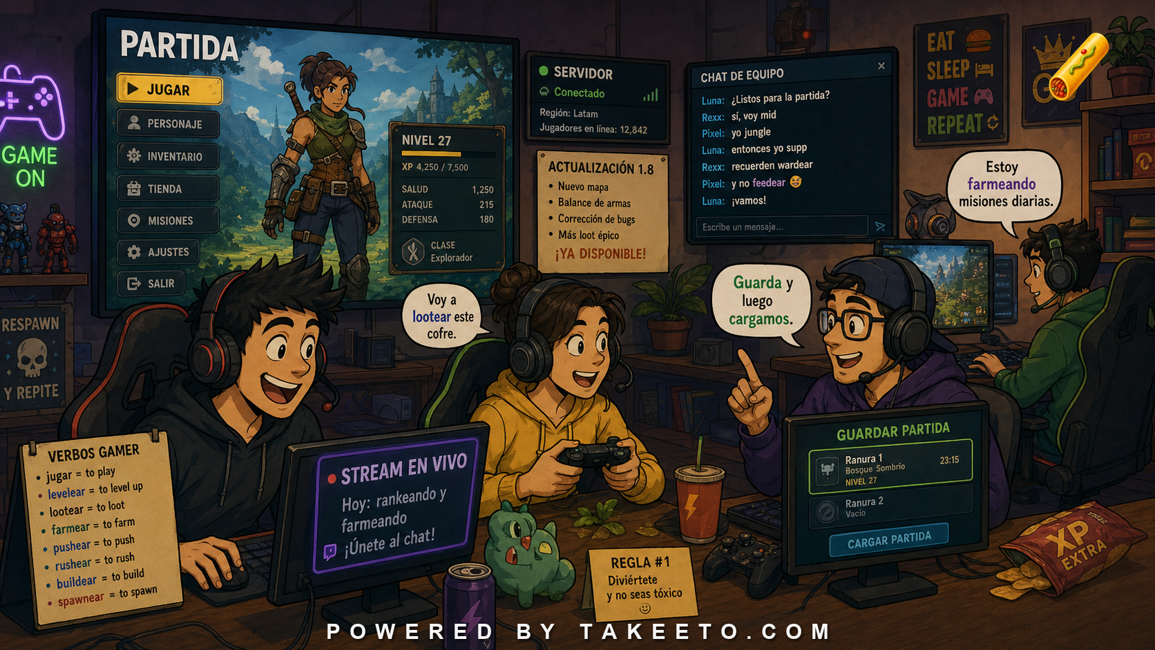 Comic Takeeto blog illustration for Gaming Spanish: Interfaces, Communities, and Borrowed Verbs, covering domain language.