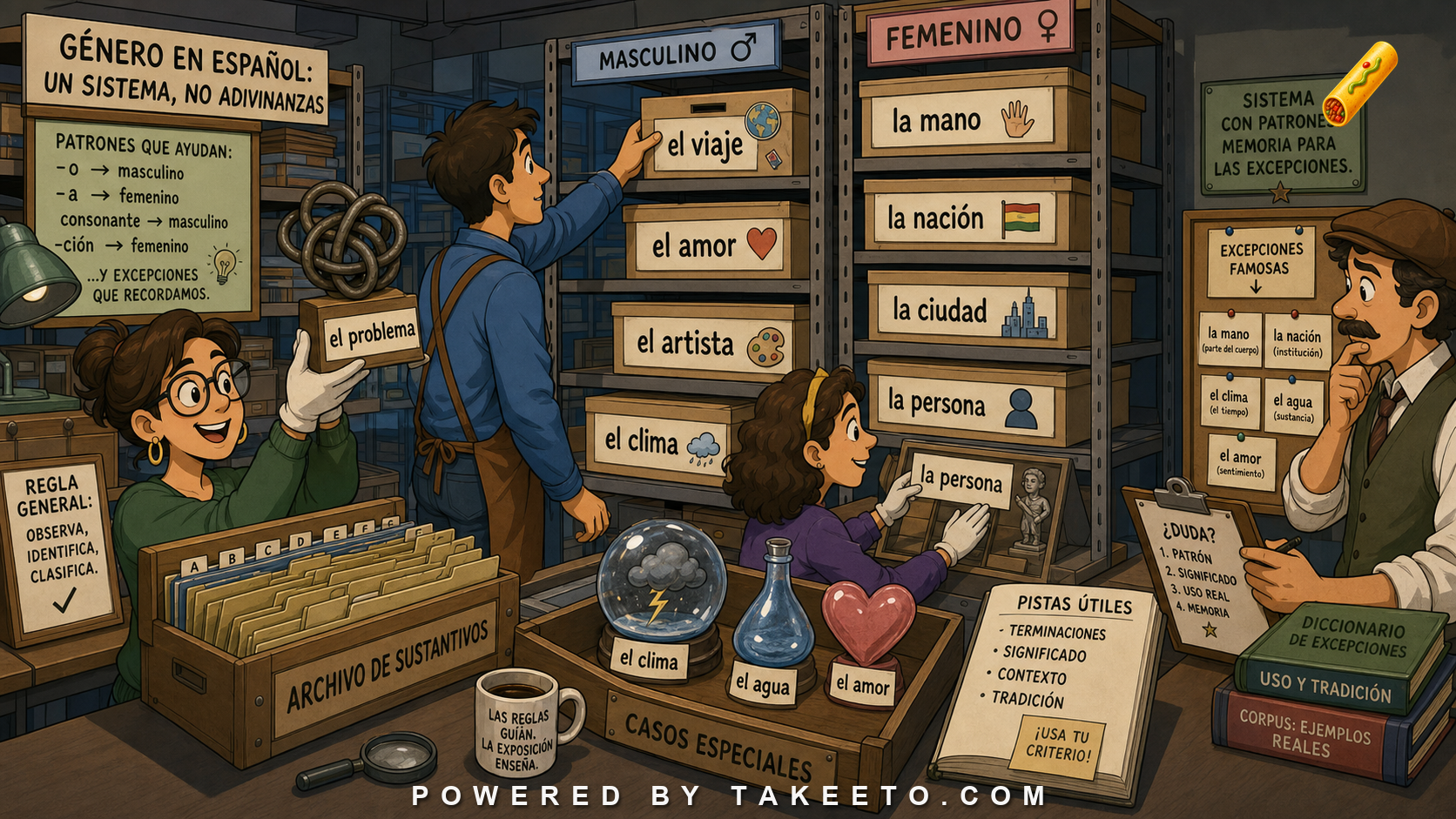 Comic Takeeto blog illustration for Gender in Spanish Nouns: System, Not Guesswork, covering morphology.