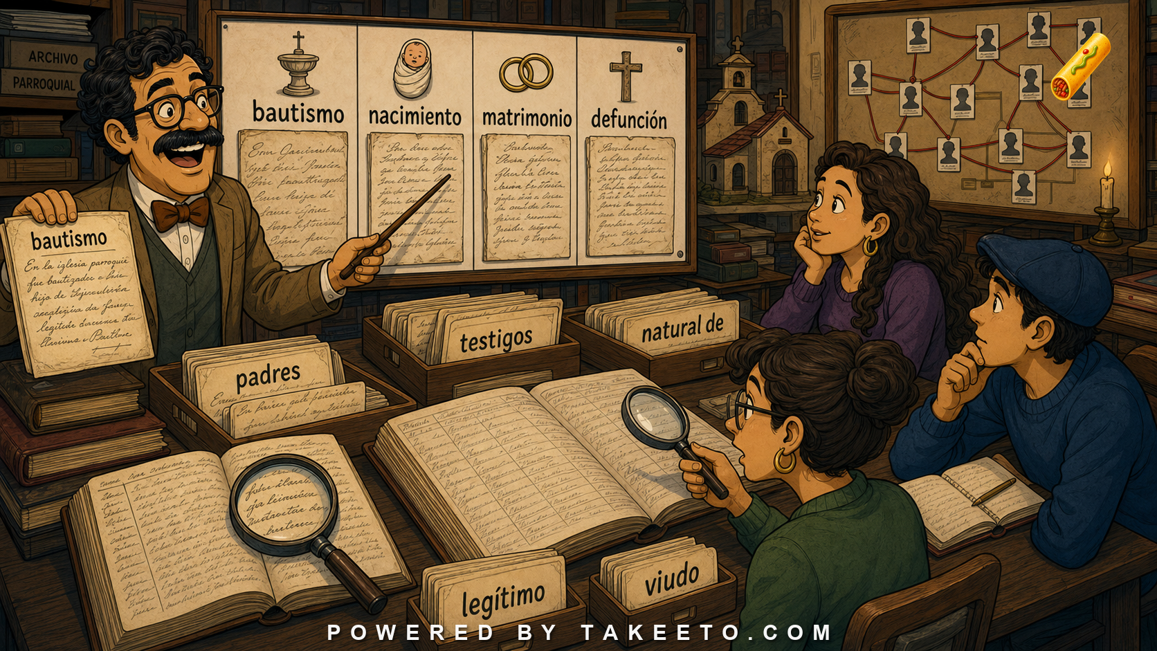 Comic Takeeto blog illustration for Genealogy Spanish: Birth, Marriage, Death, and Church Records, covering historical/domain language.