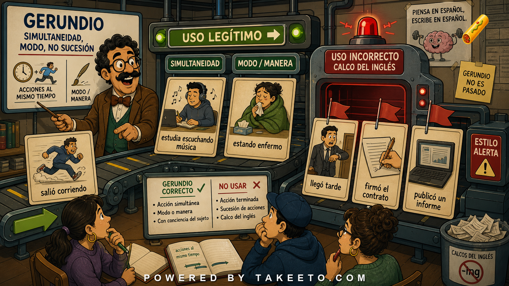 Comic Takeeto blog illustration for The Gerundio: Simultaneity, Manner, and Misuse, covering verb forms & style.