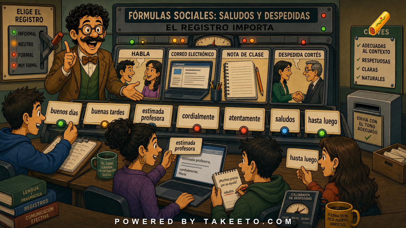 Comic Takeeto blog illustration for Greetings and Closings: Social Formulae Across Registers, covering pragmatics & register.