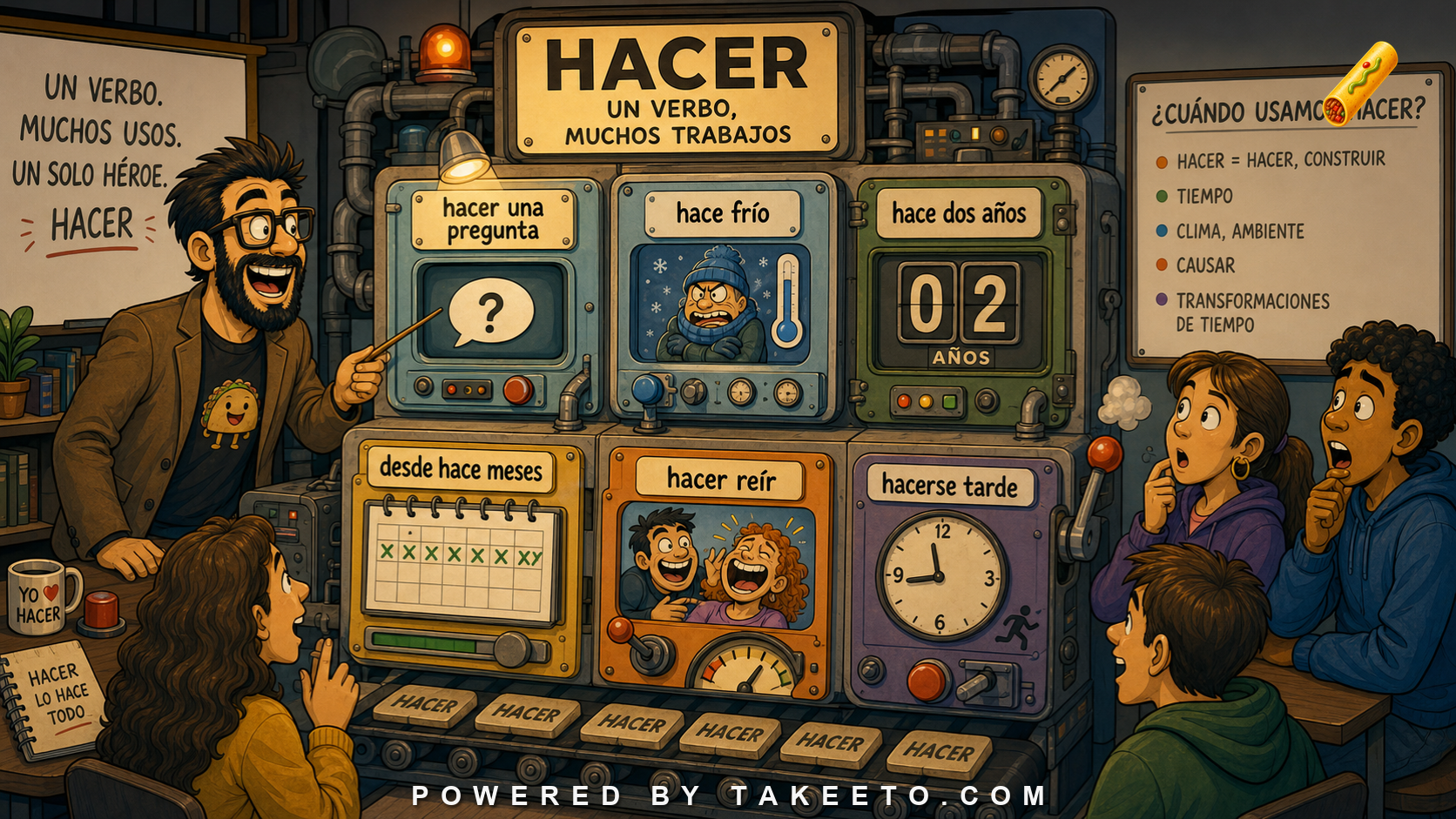 Comic Takeeto blog illustration for Hacer: Making, Time Expressions, Weather, and Causation, covering verb semantics.