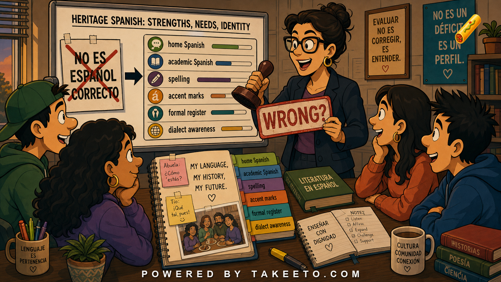 Comic Takeeto blog illustration for Heritage Spanish: Grammar, Identity, and Educational Misdiagnosis, covering sociolinguistics & pedagogy.