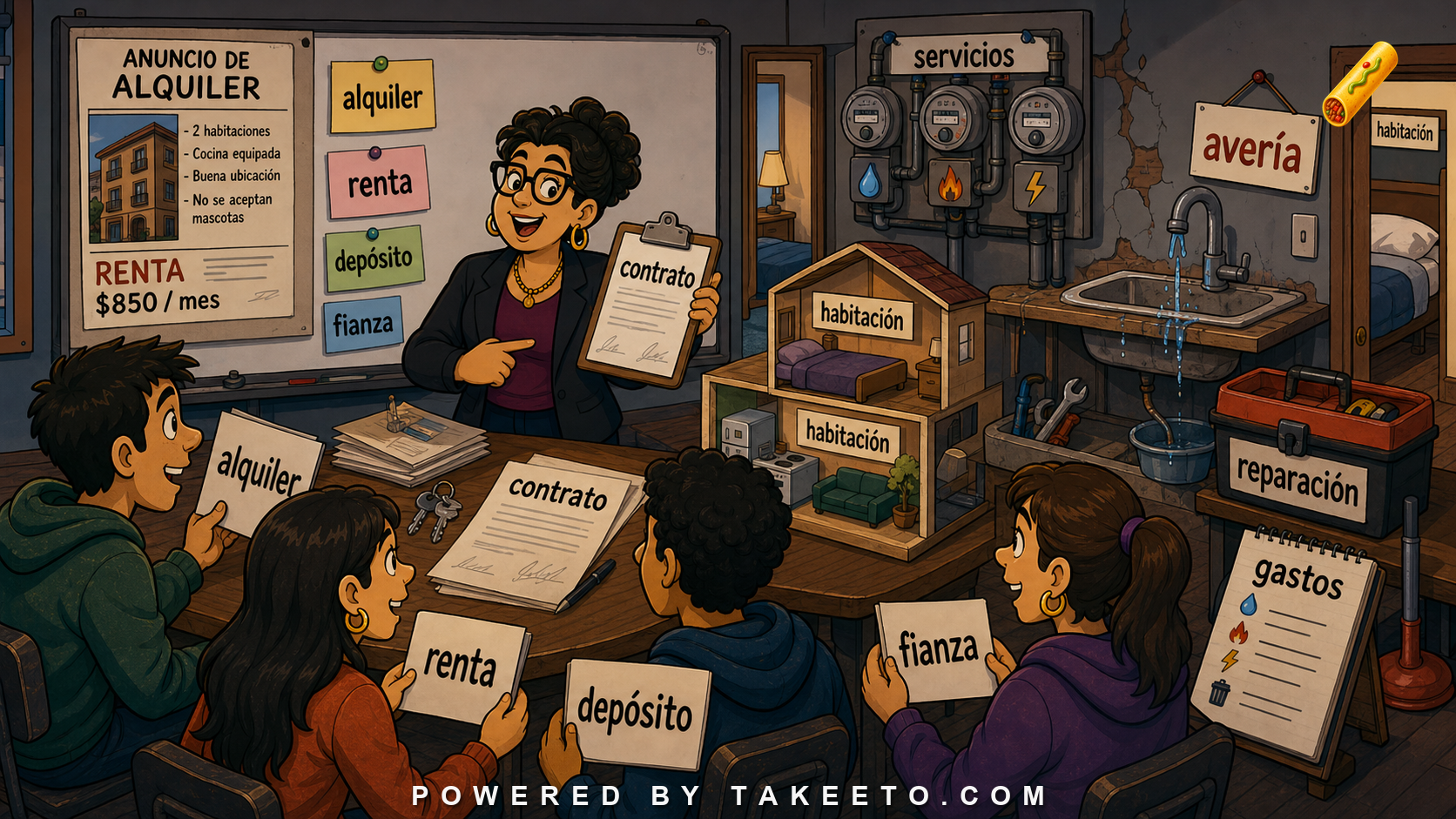 Comic Takeeto blog illustration for Housing Spanish: Rent, Contracts, Repairs, and Utilities, covering domain language.