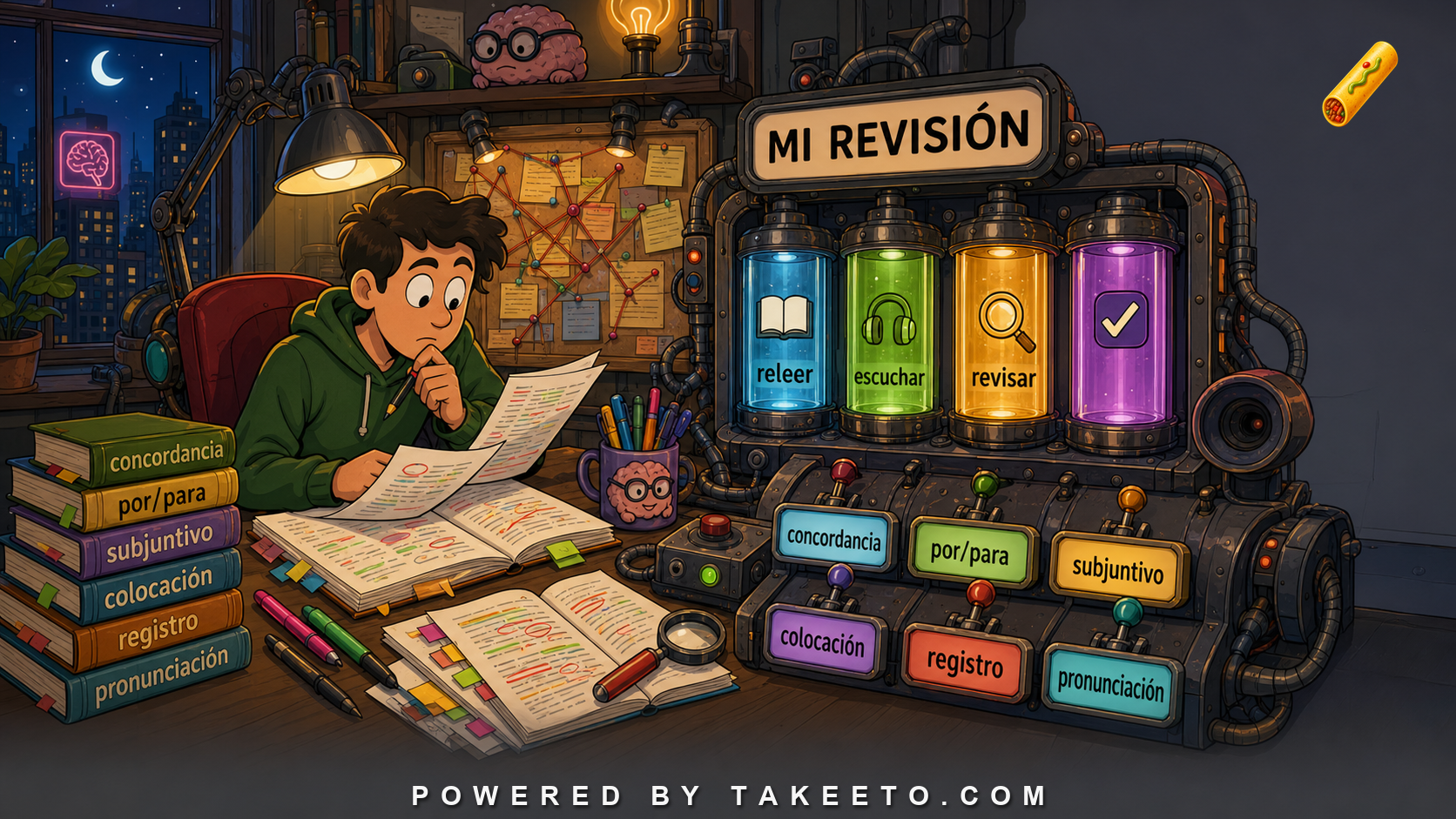 Comic Takeeto blog illustration for How to Audit Your Own Spanish: A Learner's Quality Checklist, covering self-assessment.