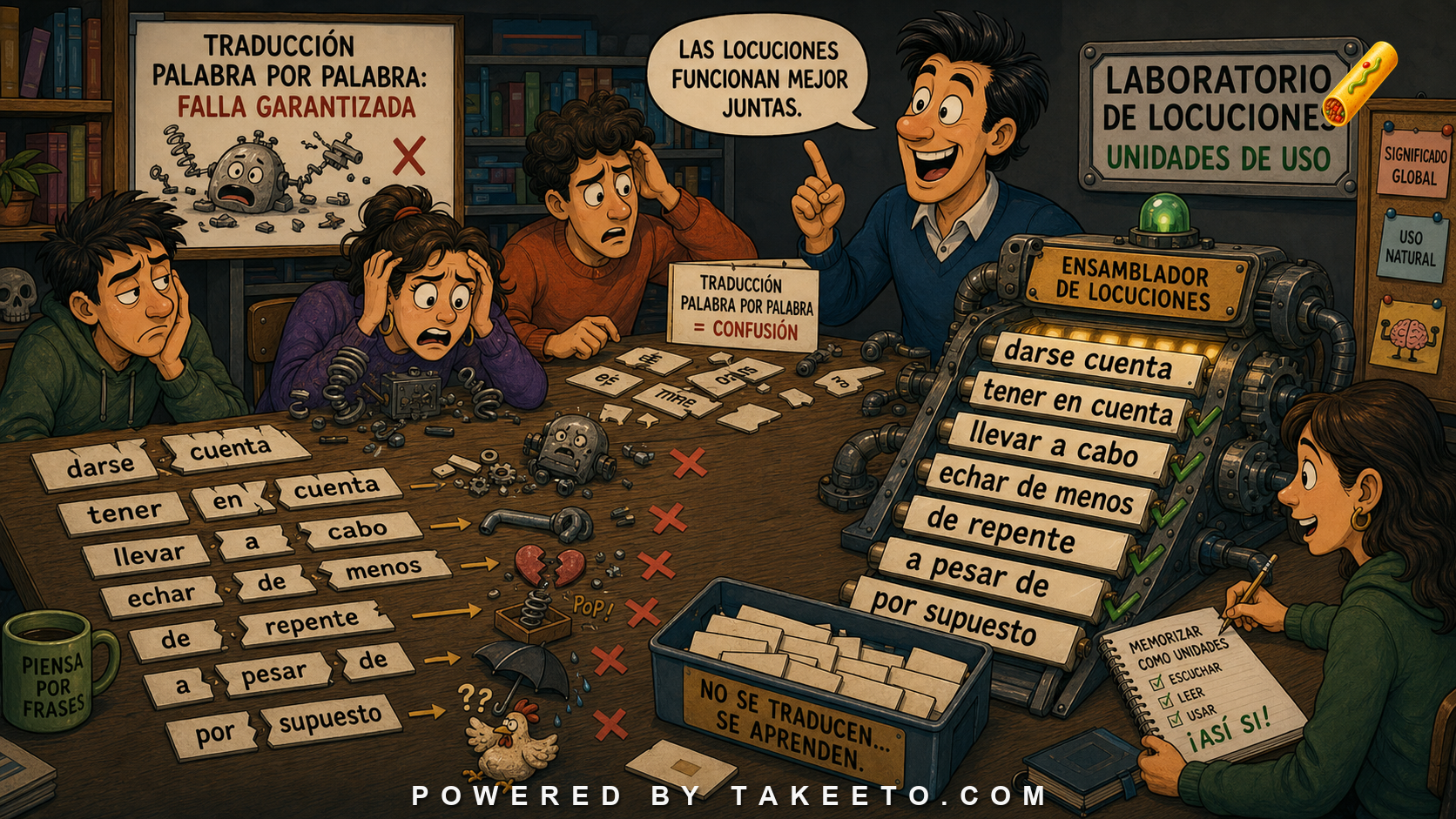 Comic Takeeto blog illustration for Idioms and Locutions: Why Word-by-Word Translation Fails, covering phraseology.