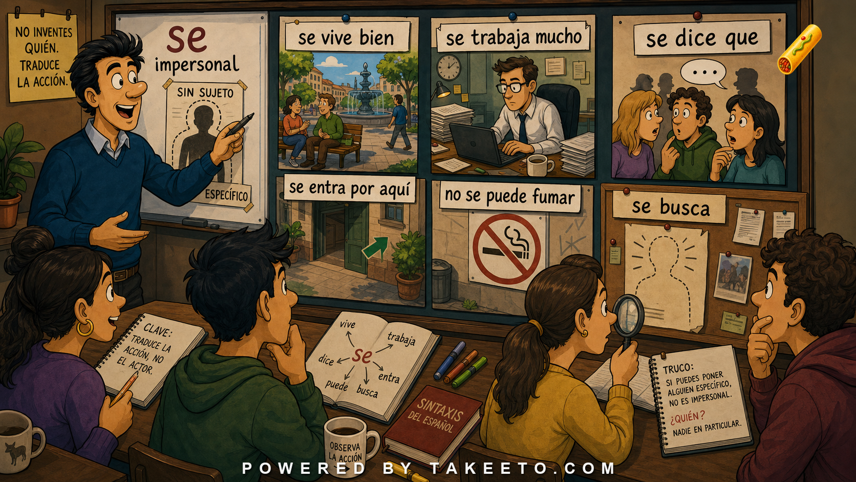 Comic Takeeto blog illustration for Impersonal Se: How Spanish Talks Without Naming a Subject, covering syntax.