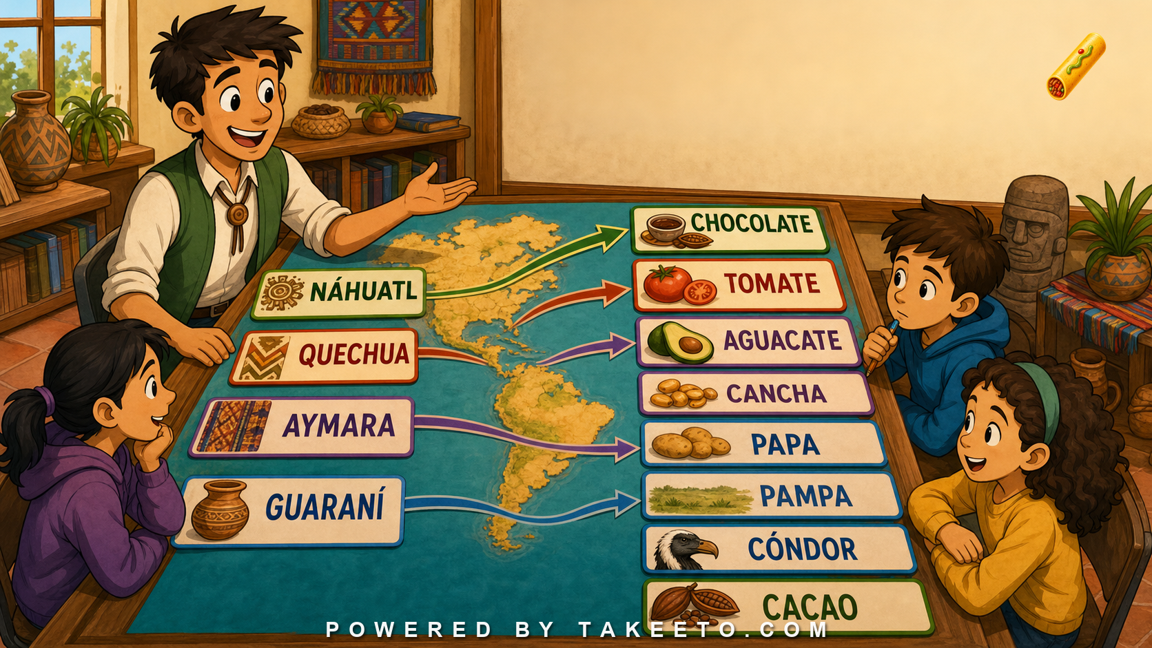 Comic Takeeto map illustration showing Indigenous influence on Spanish with Náhuatl, Quechua, Aymara, Guaraní, and loanword cards.