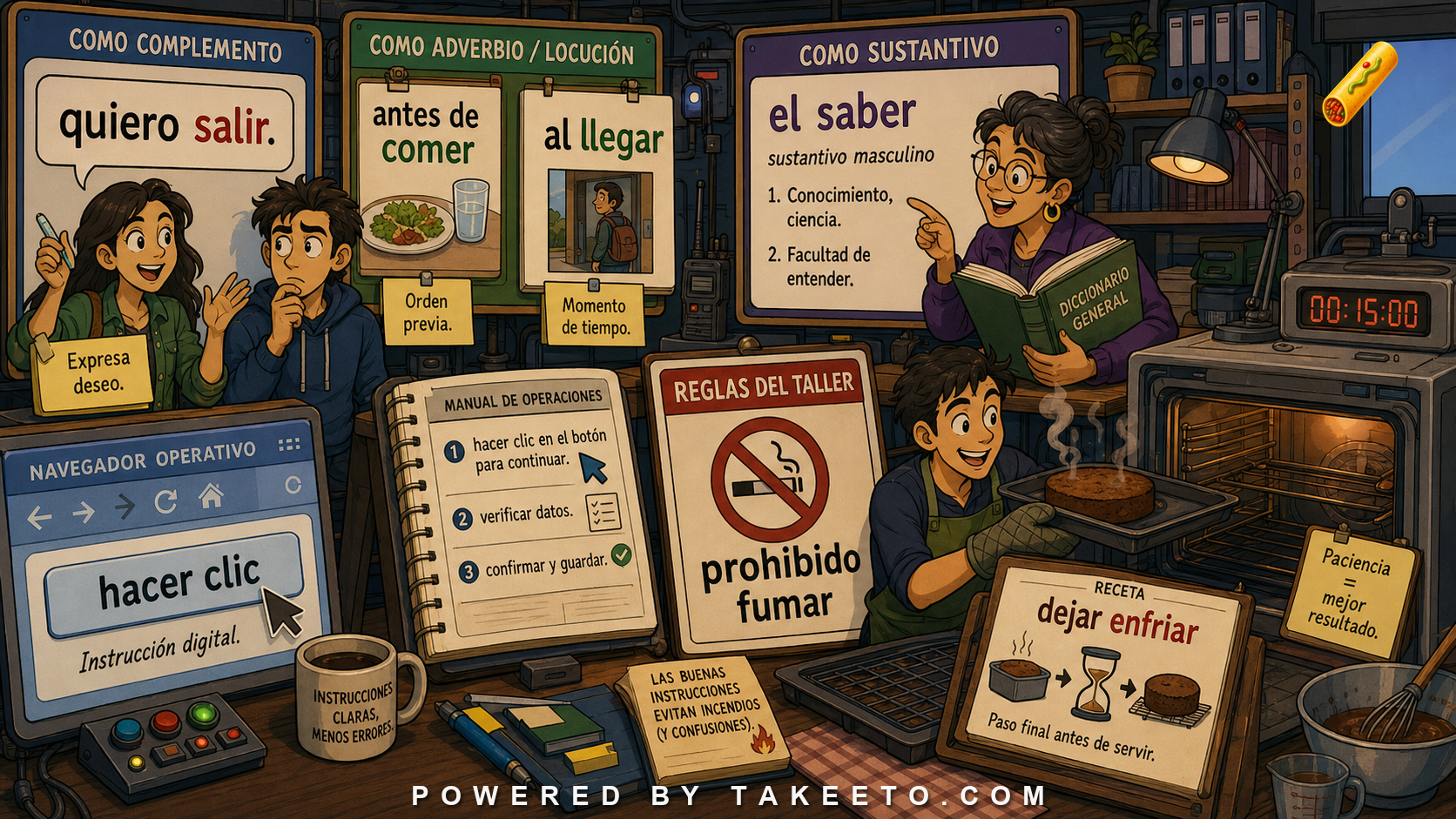 Comic Takeeto blog illustration for The Infinitive as Noun, Verb, and Instructional Form, covering verb forms.