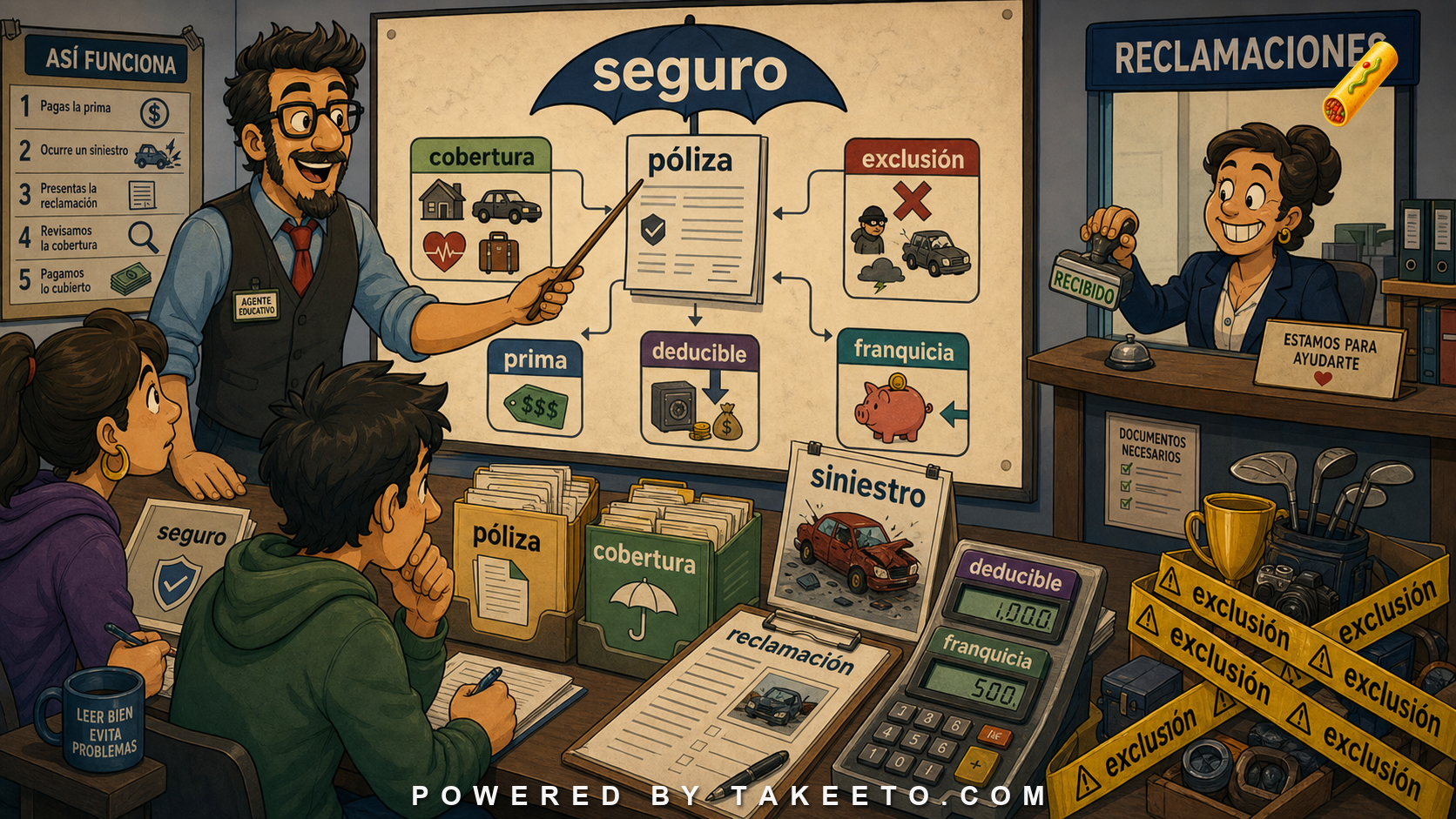 Comic Takeeto blog illustration for Insurance Spanish: Coverage, Claims, Deductibles, and Exclusions, covering finance/legal domain.
