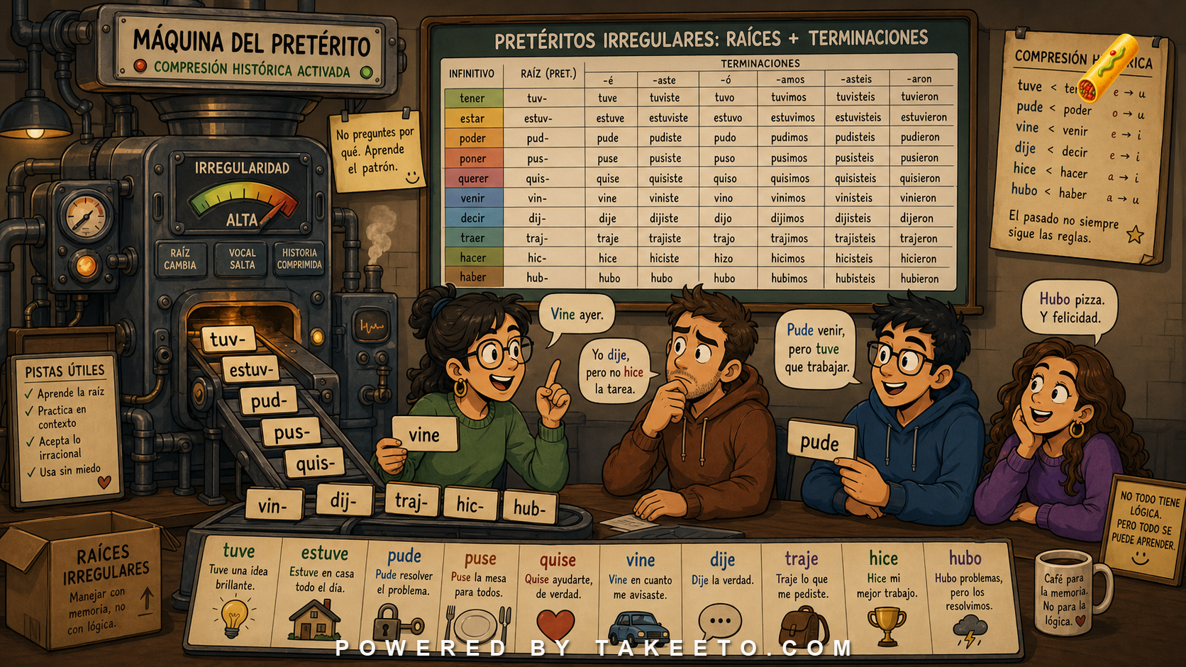 Comic Takeeto blog illustration for Irregular Preterites: Stems, Endings, and Historical Compression, covering verb morphology.