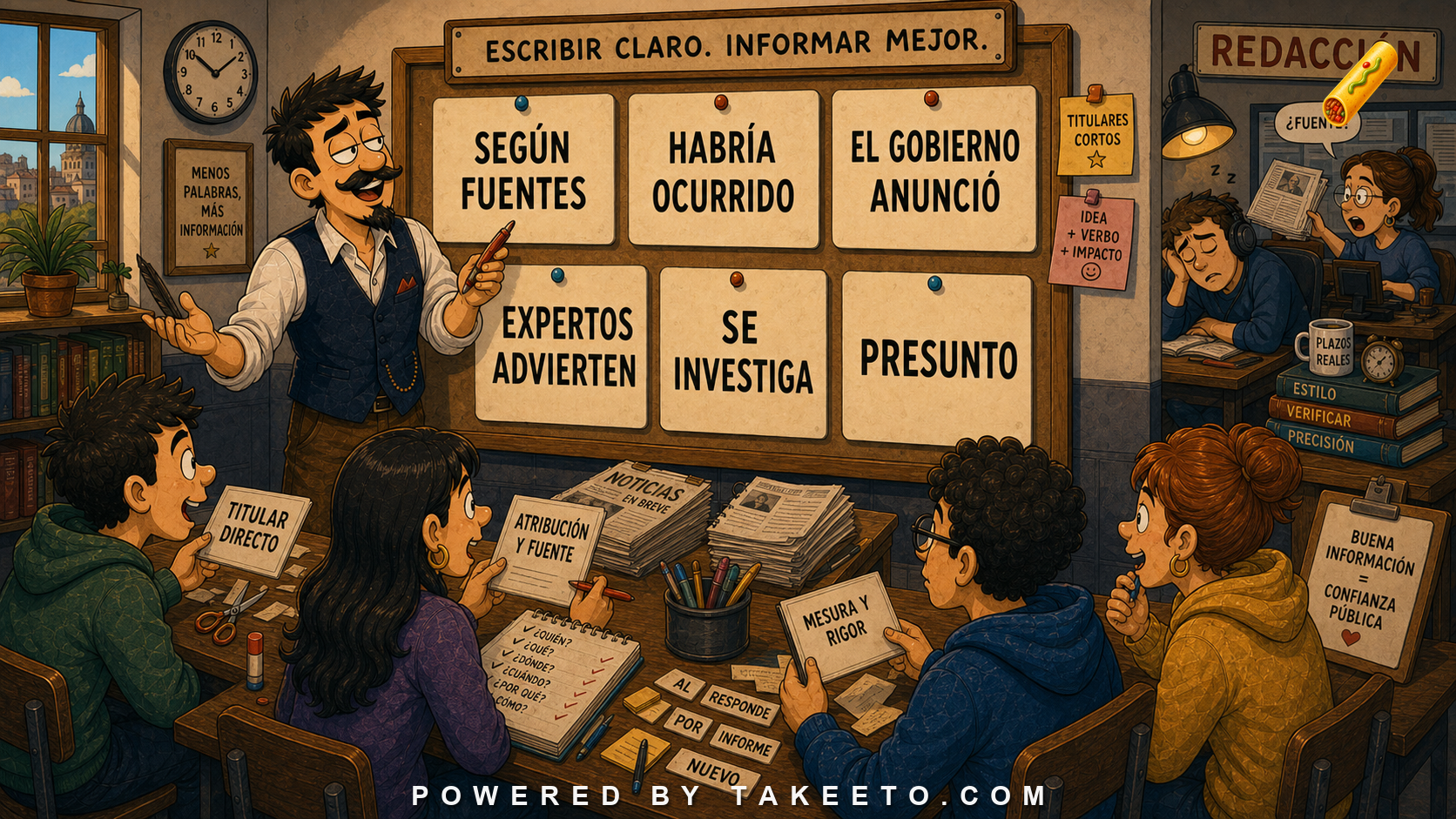 Comic Takeeto blog illustration for Journalistic Spanish: Headlines, Attribution, and Compression, covering media literacy.