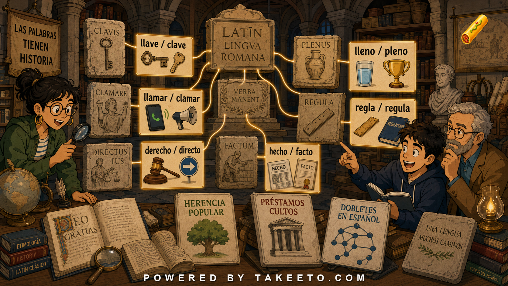 Comic Takeeto blog illustration for Latin in Spanish: Inheritance, Learned Borrowing, and Doublets, covering historical linguistics.