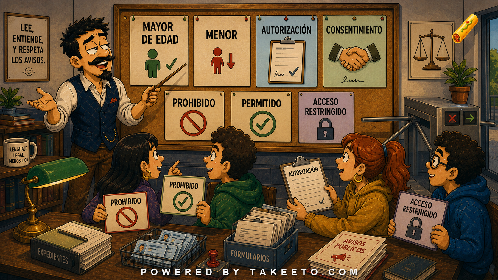 Comic Takeeto blog illustration for Legal Age, Consent, and Public Notices in Spanish, covering legal/public language.