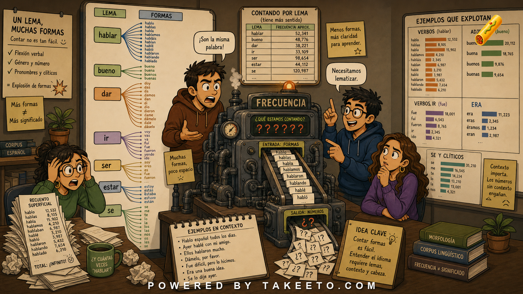 Comic Takeeto blog illustration for Lemmas, Word Forms, and Why Spanish Frequency Counts Are Hard, covering corpus linguistics.