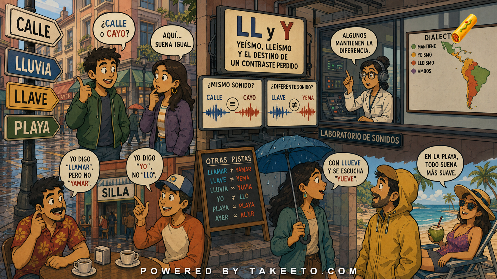 Comic Takeeto blog illustration for LL and Y: Yeísmo, Lleísmo, and the Fate of a Lost Contrast, covering dialectology.