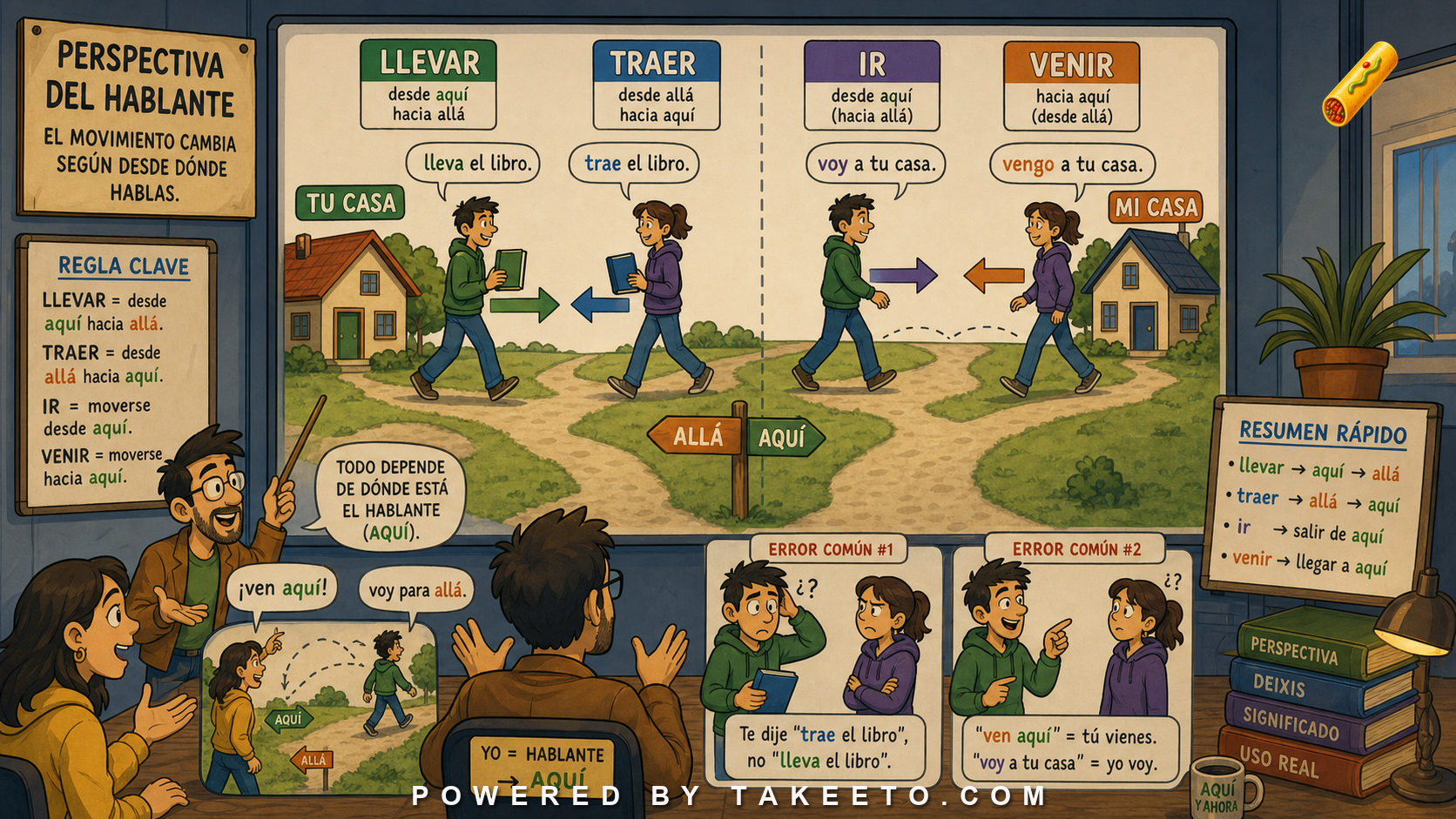 Comic Takeeto blog illustration for Llevar, Traer, Ir, Venir: Deictic Motion and Speaker Perspective, covering verb semantics.