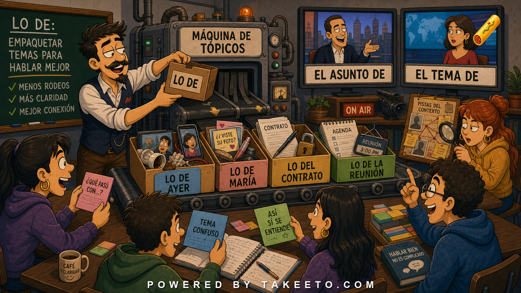 Comic Takeeto blog illustration for Lo De: Spanish Topic Packaging in Conversation and Media, covering discourse & pragmatics.