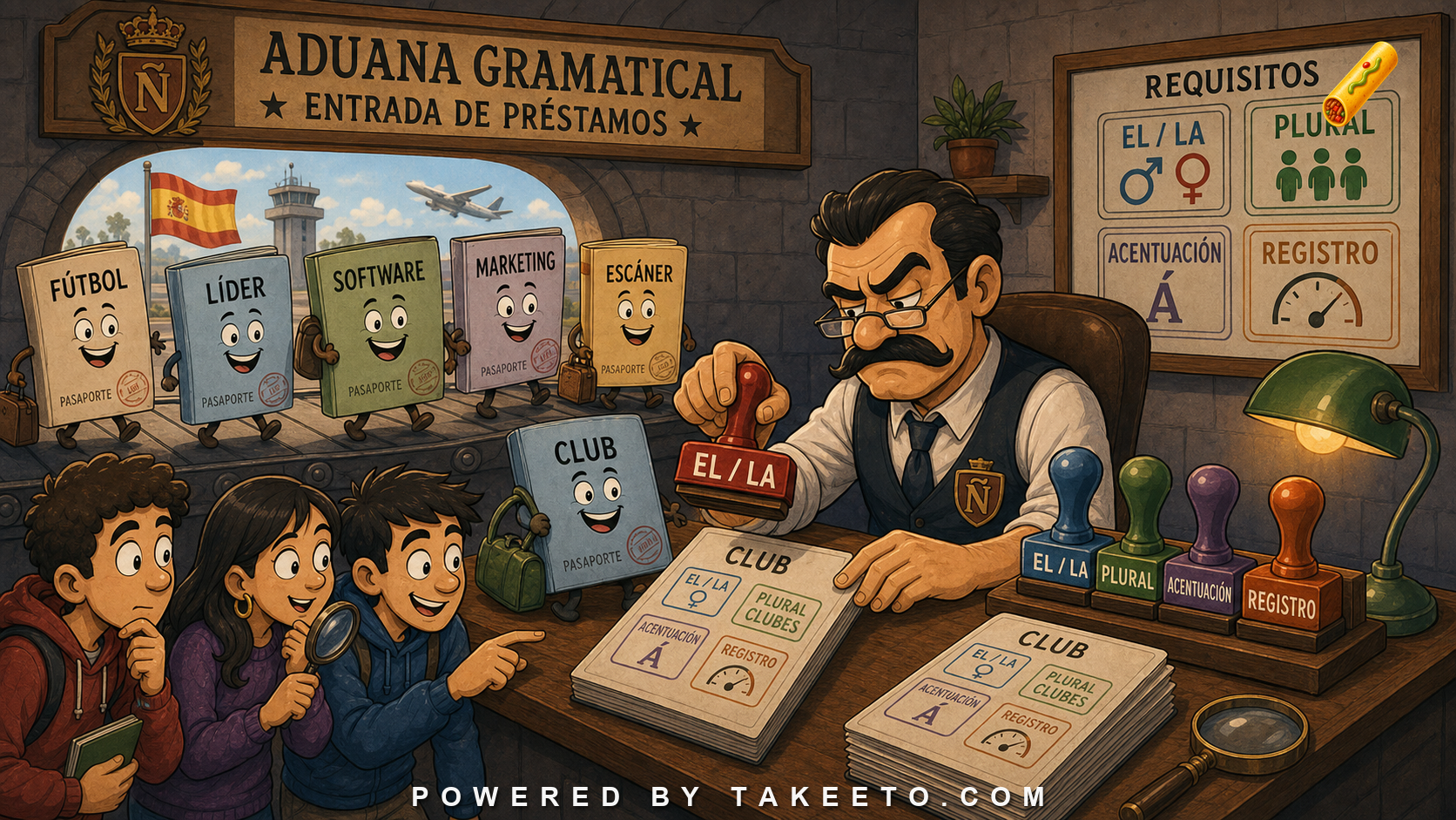 Comic Takeeto customs-office illustration showing Spanish loanwords entering grammar through gender, plural, accent, and register checks.