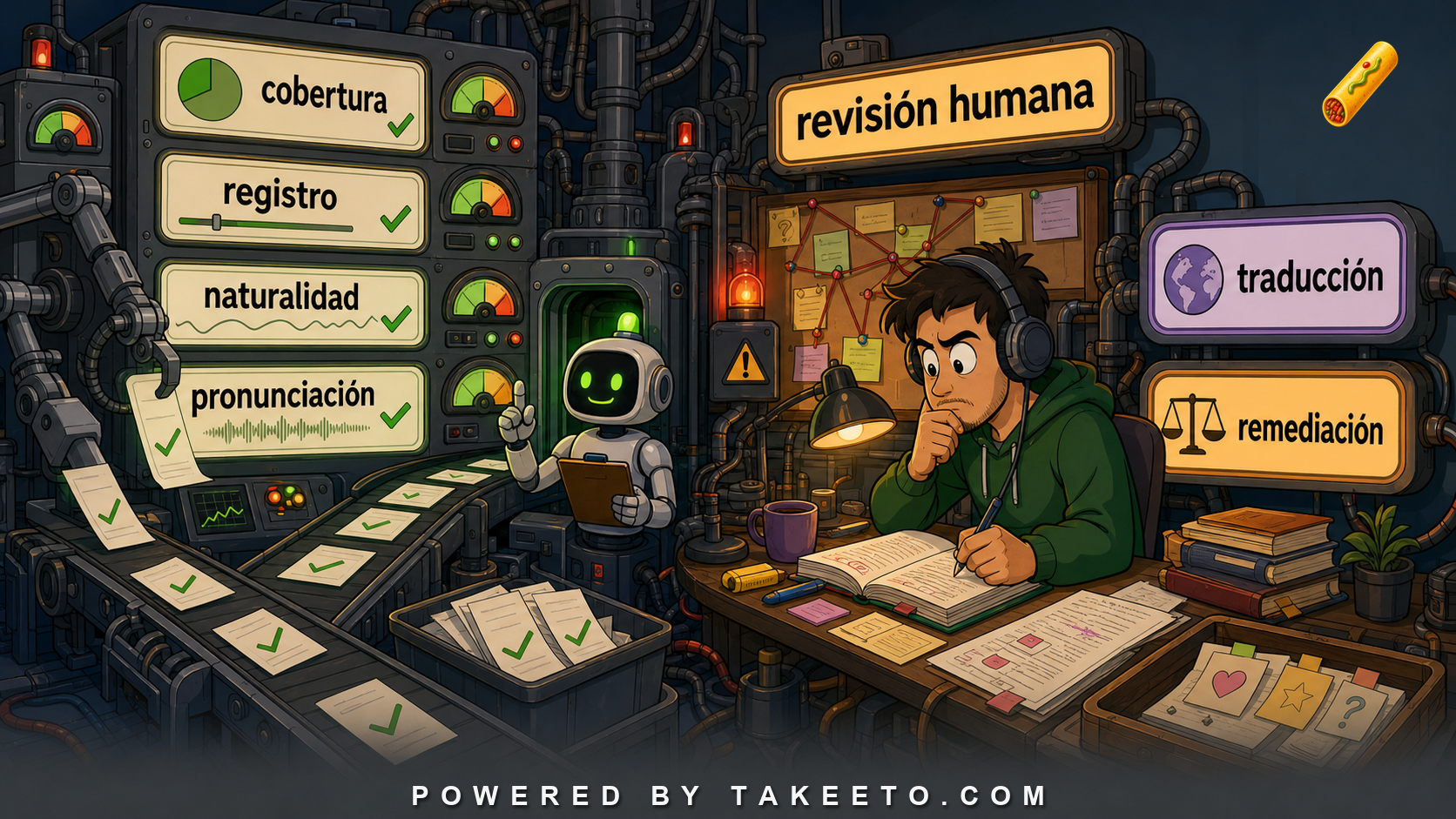 Comic Takeeto blog illustration for Manual Audit in Language Content: Why Heuristics Are Not Enough, covering quality assurance.