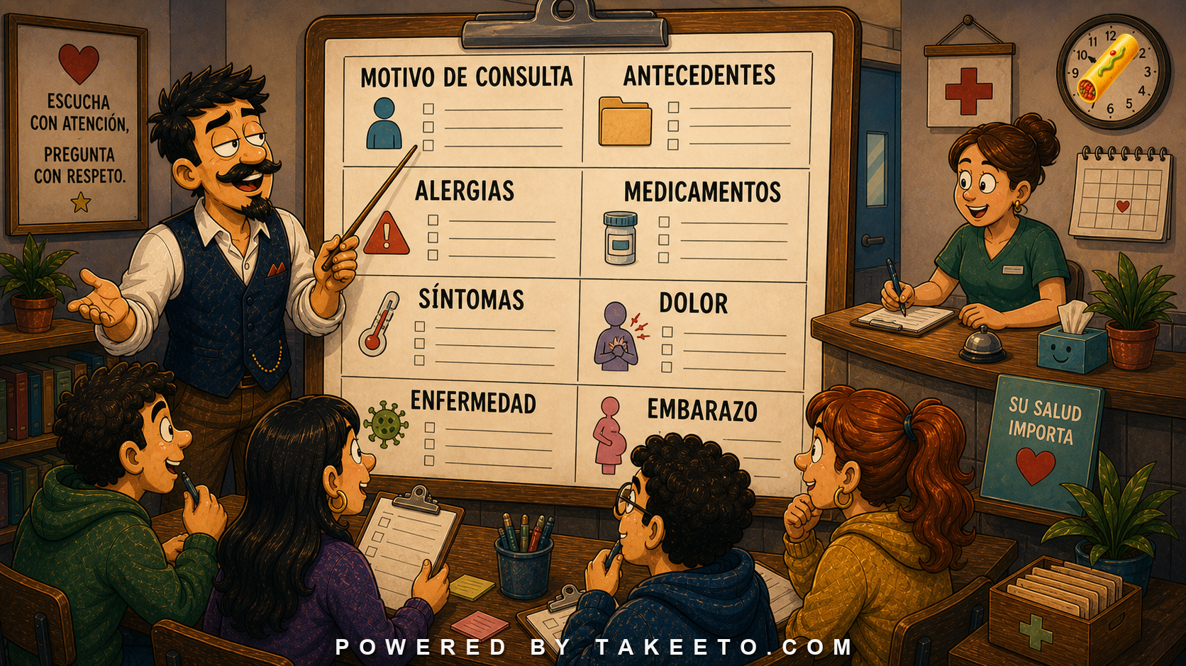 Comic Takeeto blog illustration for Medical Intake Forms in Spanish, covering medical/domain language.