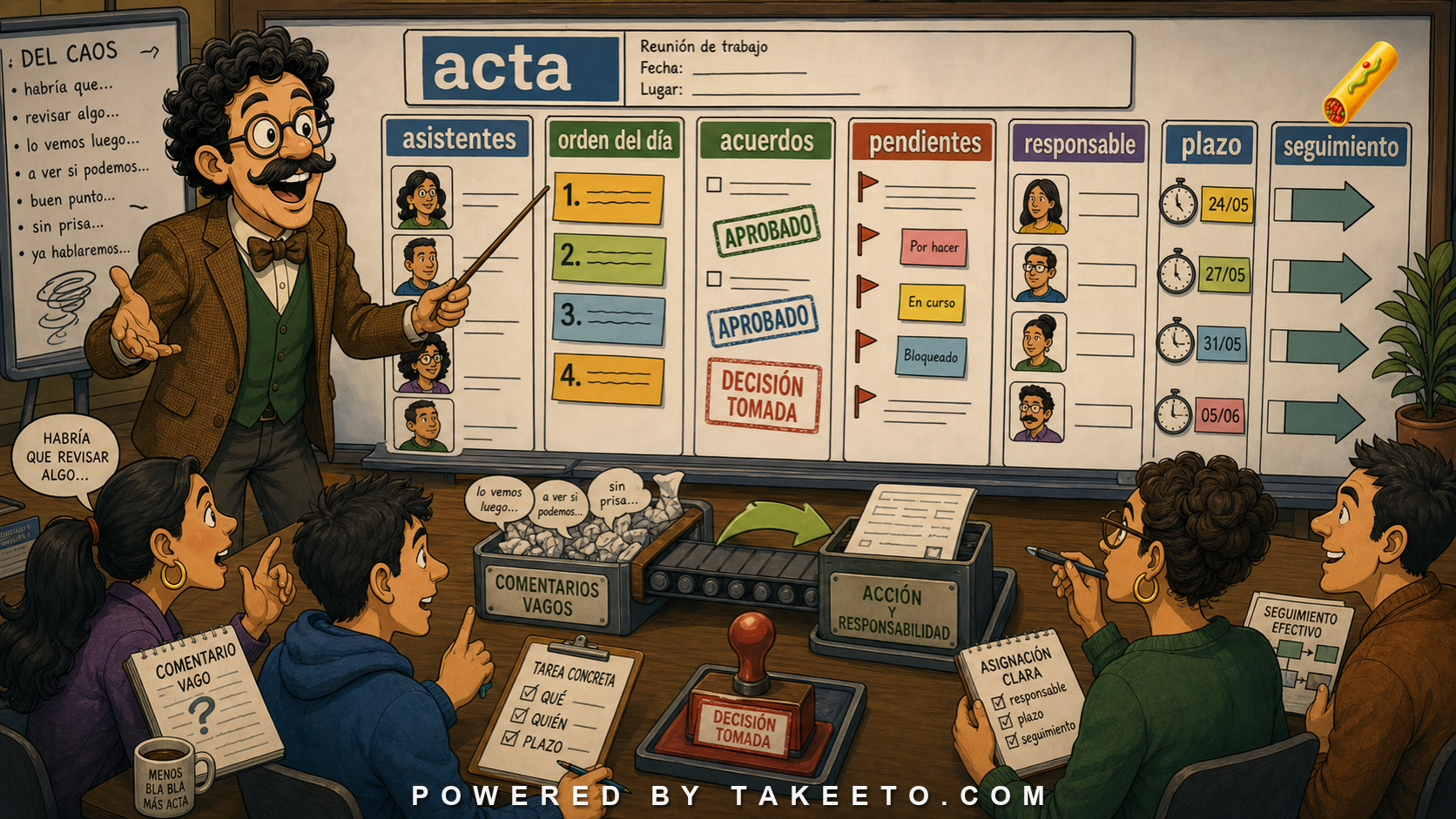 Comic Takeeto blog illustration for Meeting Minutes in Spanish: Decisions, Tasks, and Accountability, covering work/document language.