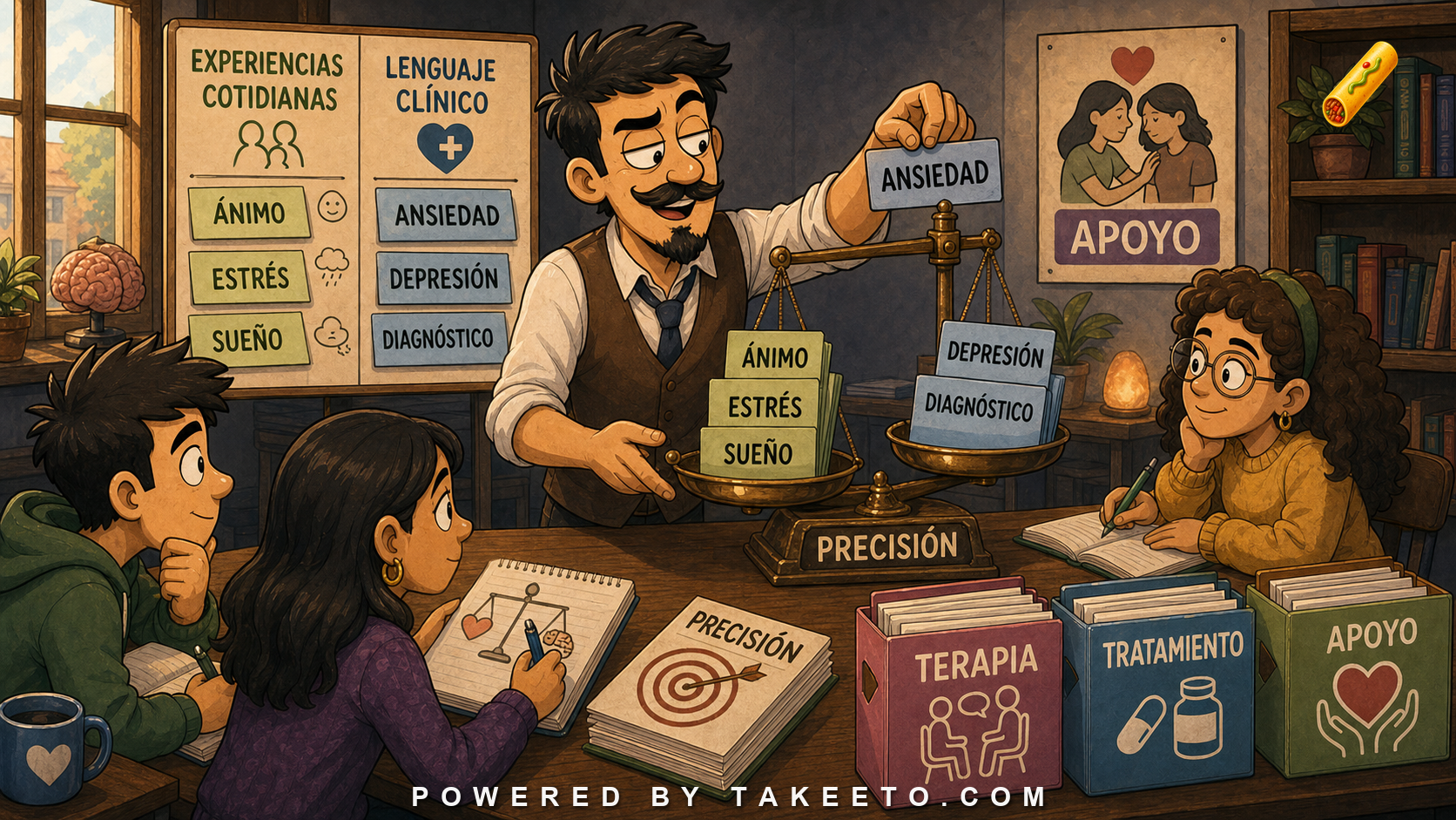Comic Takeeto classroom illustration showing careful Spanish mental-health vocabulary for symptoms, diagnosis, treatment, and support.