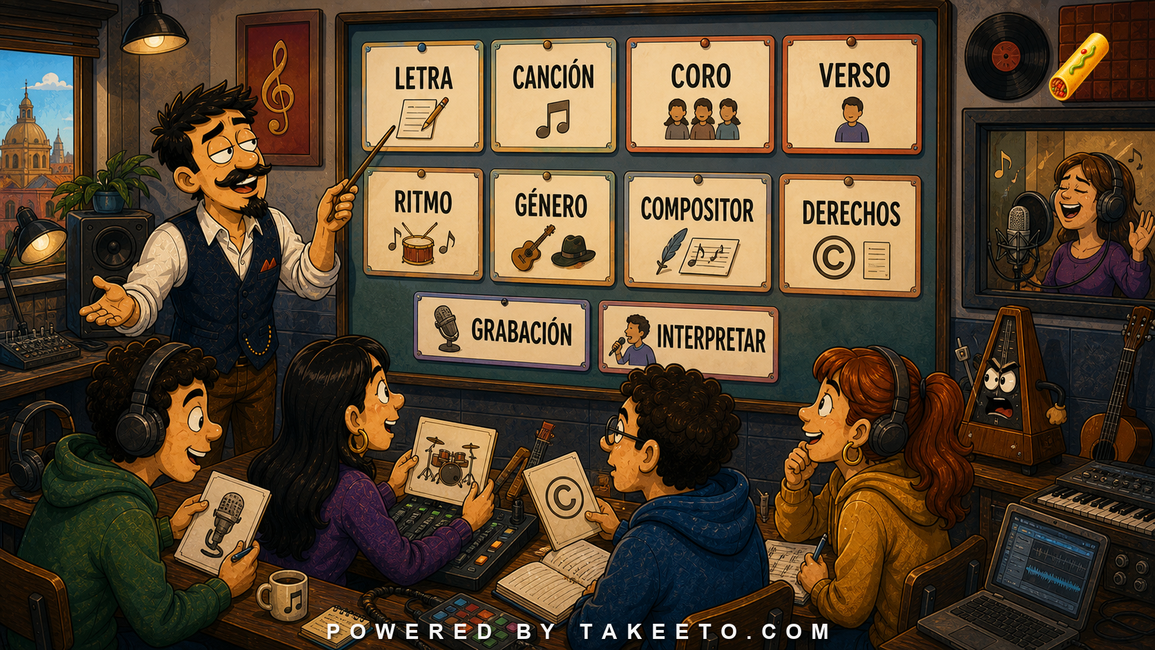 Comic Takeeto blog illustration for Music Spanish: Lyrics, Rights, Genres, and Performance Language, covering culture/domain language.