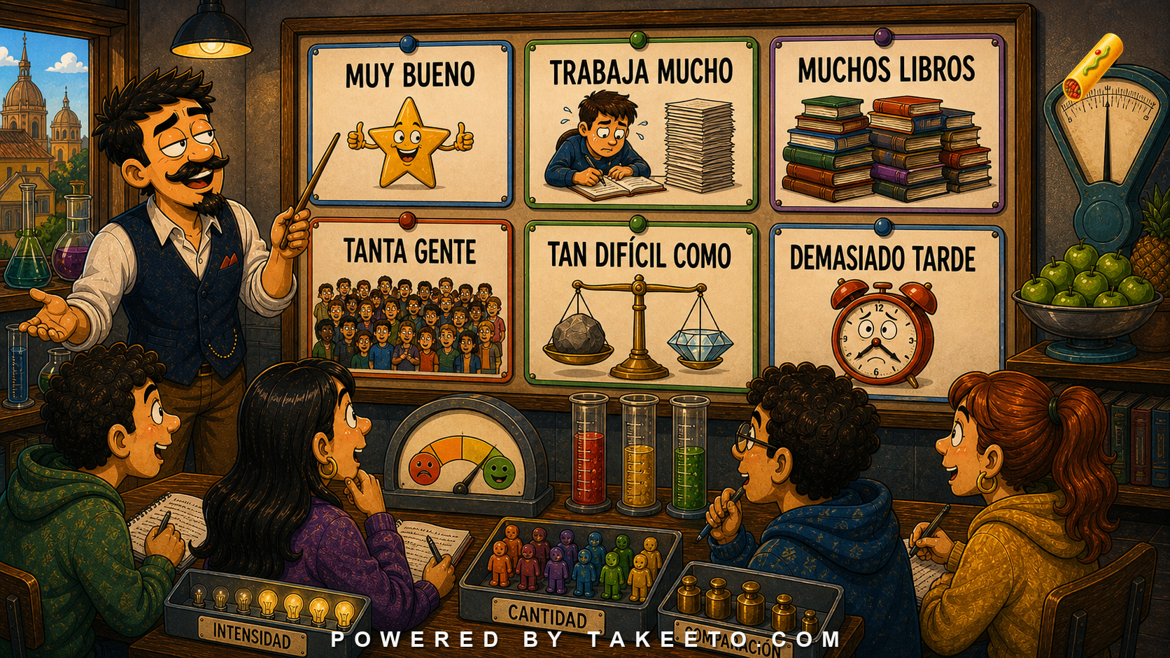 Comic Takeeto blog illustration for Muy, Mucho, Tan, Tanto: Degree and Quantity in Spanish, covering grammar & semantics.